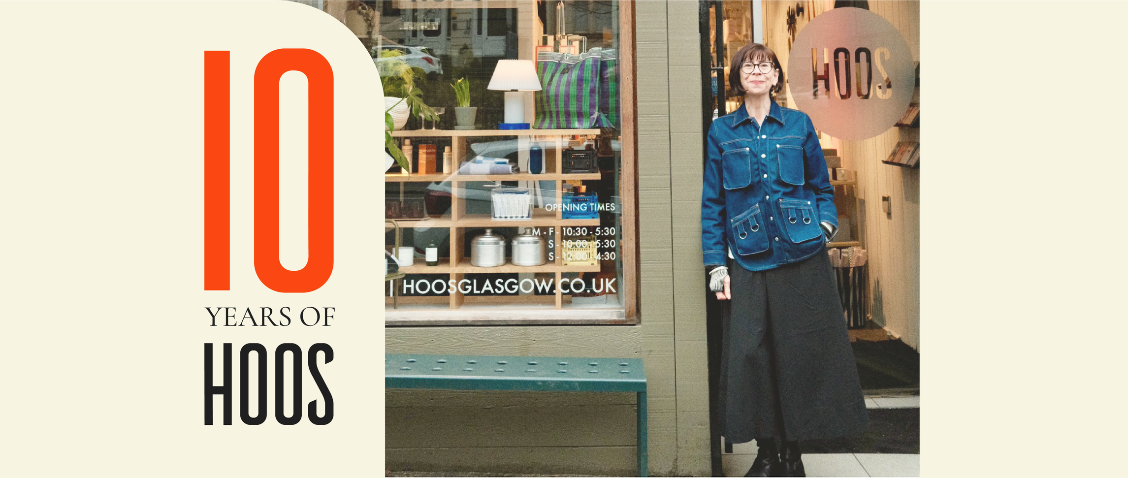 10 Years of Hoos logo, alongside a picture of Karen, the owner outside the shop.