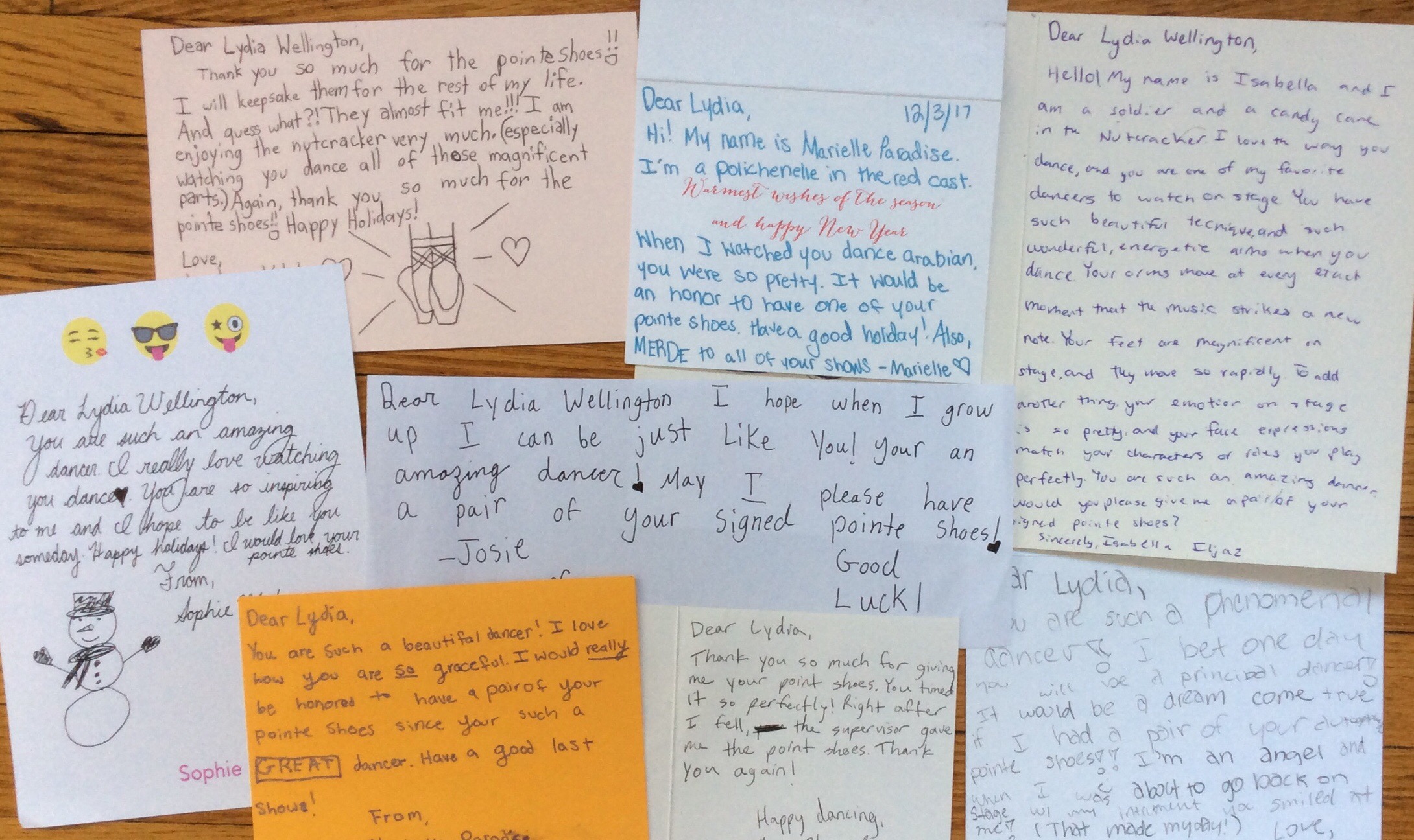Young dancers often write letters to ballerinas they admire, and hope for a pair of their pointe shoes in return! My daughter wrote letters like these when she was a young student and now she loves receiving them. This tradition inspired the idea for Dear Ballerina.