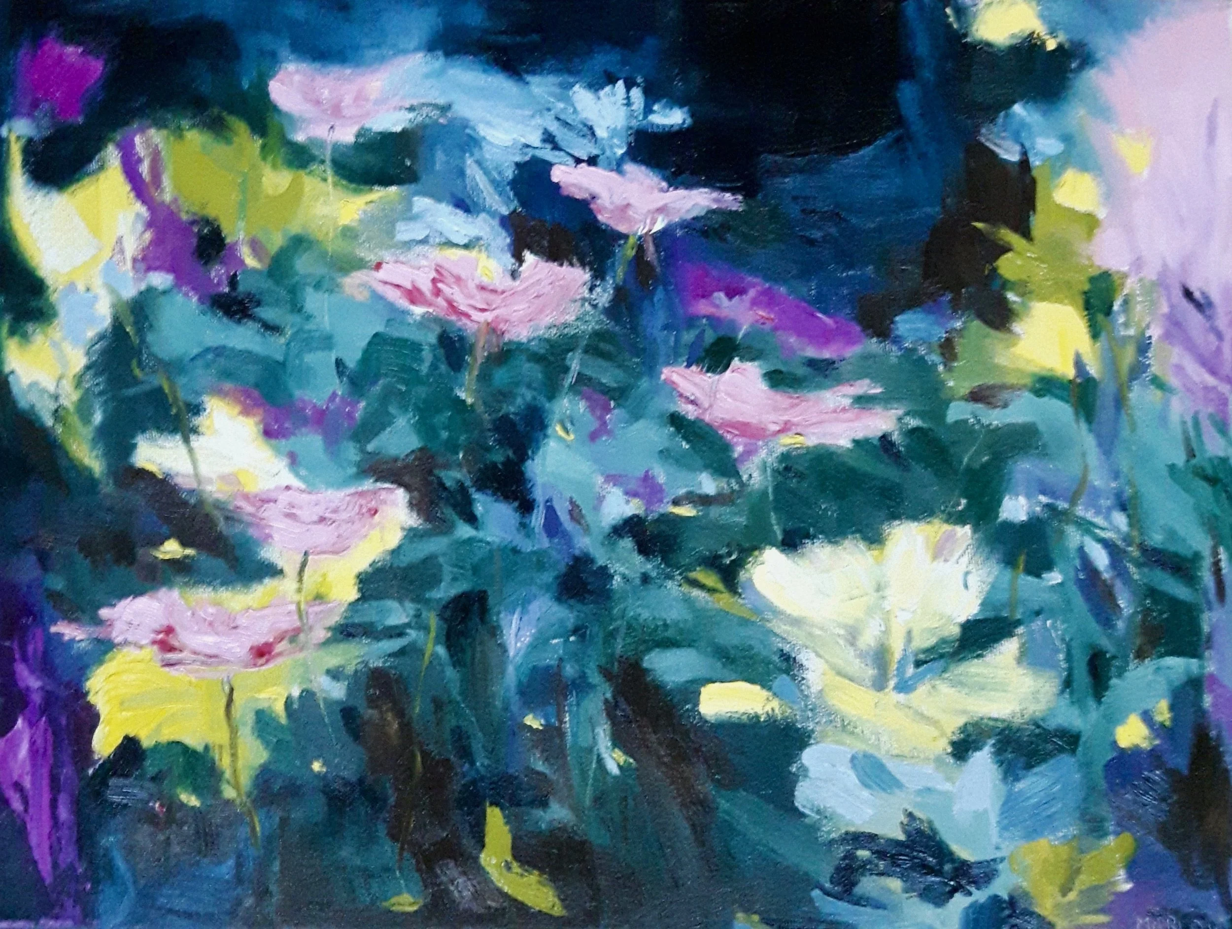 SOLD “ MIDNIGHT GARDEN” OIL ON CANVAS 12”X 16” $500.00 SOLD