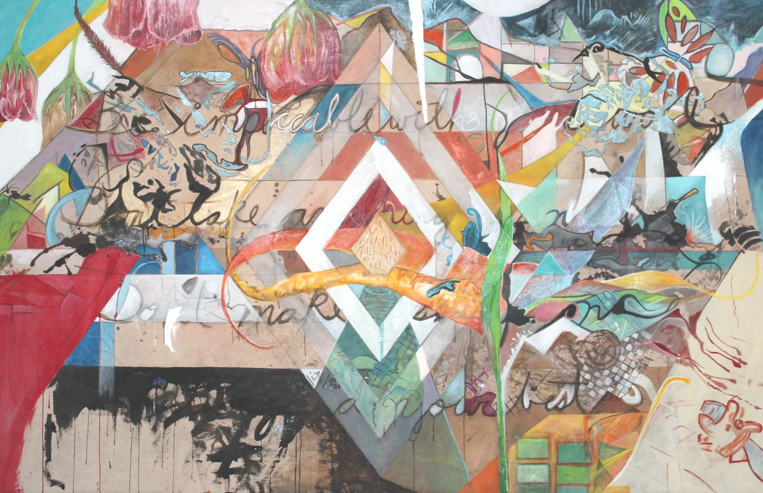   rhombus - a prayer for us    August, 2018 Acrylic Paint, Oil Paint &amp; Glitter on Canvas 53” x 82-½” (H x W)   The rhombus is a coming together a representation of my current state in my personal as well as my professional life. This painting is 