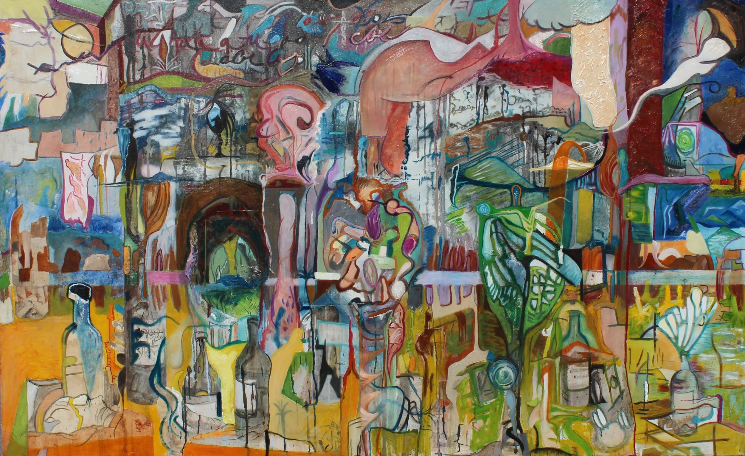   the swamp    June 2018 Oil Paint, Paper Collage on Canvas 44” x 72” (H x W)   the swamp is a record of the anxiety and chaos created that affected the health conditions and mental illness of my three biological children (I have 5 children all toget