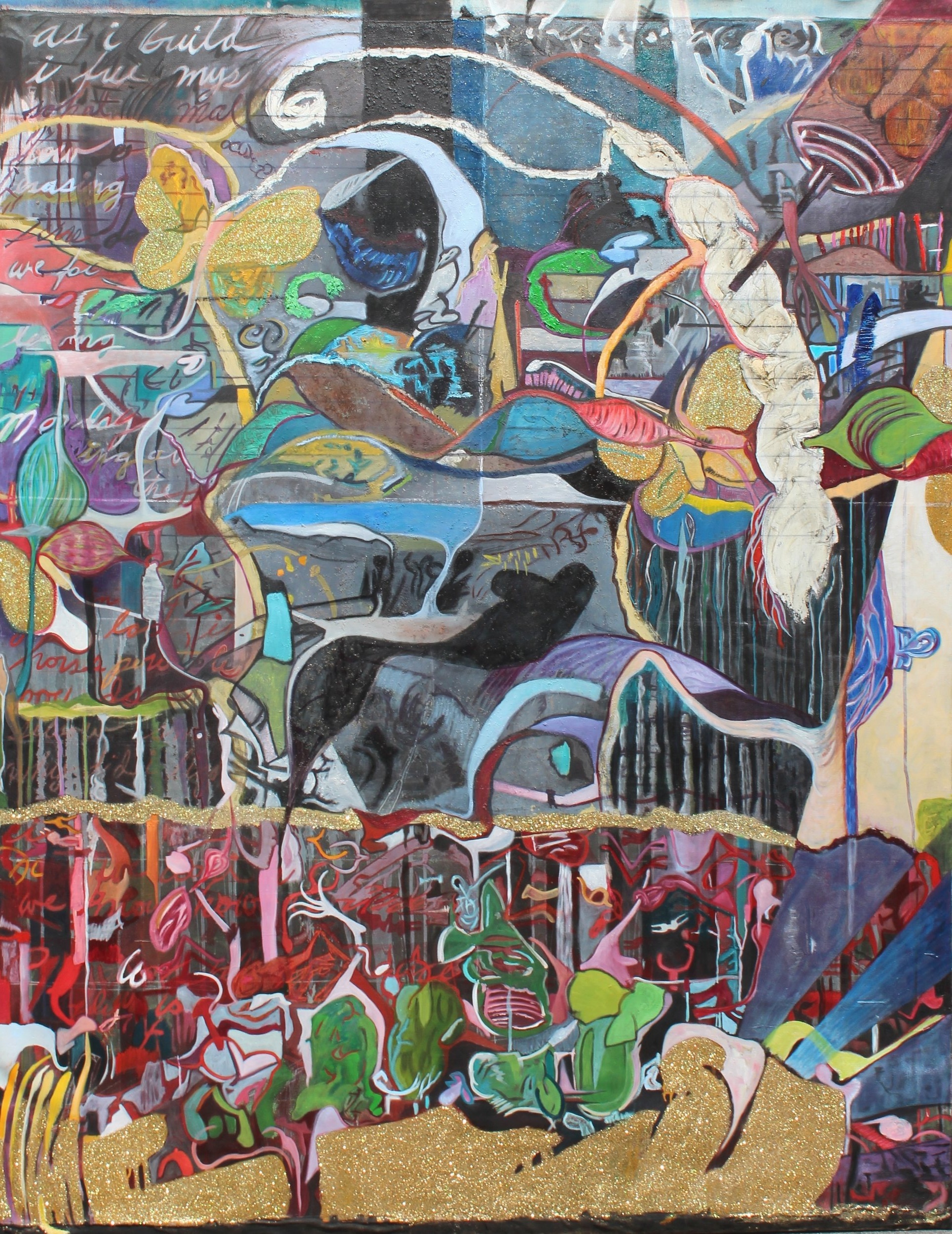   Digging Bones    October 2017 Oil Paint and Glitter on Canvas 72” x 56” (H x W)   The initial sketch for Digging Bones was created around 2002. The painting took several years to come out. This work is based on my son Michael and his battle with le