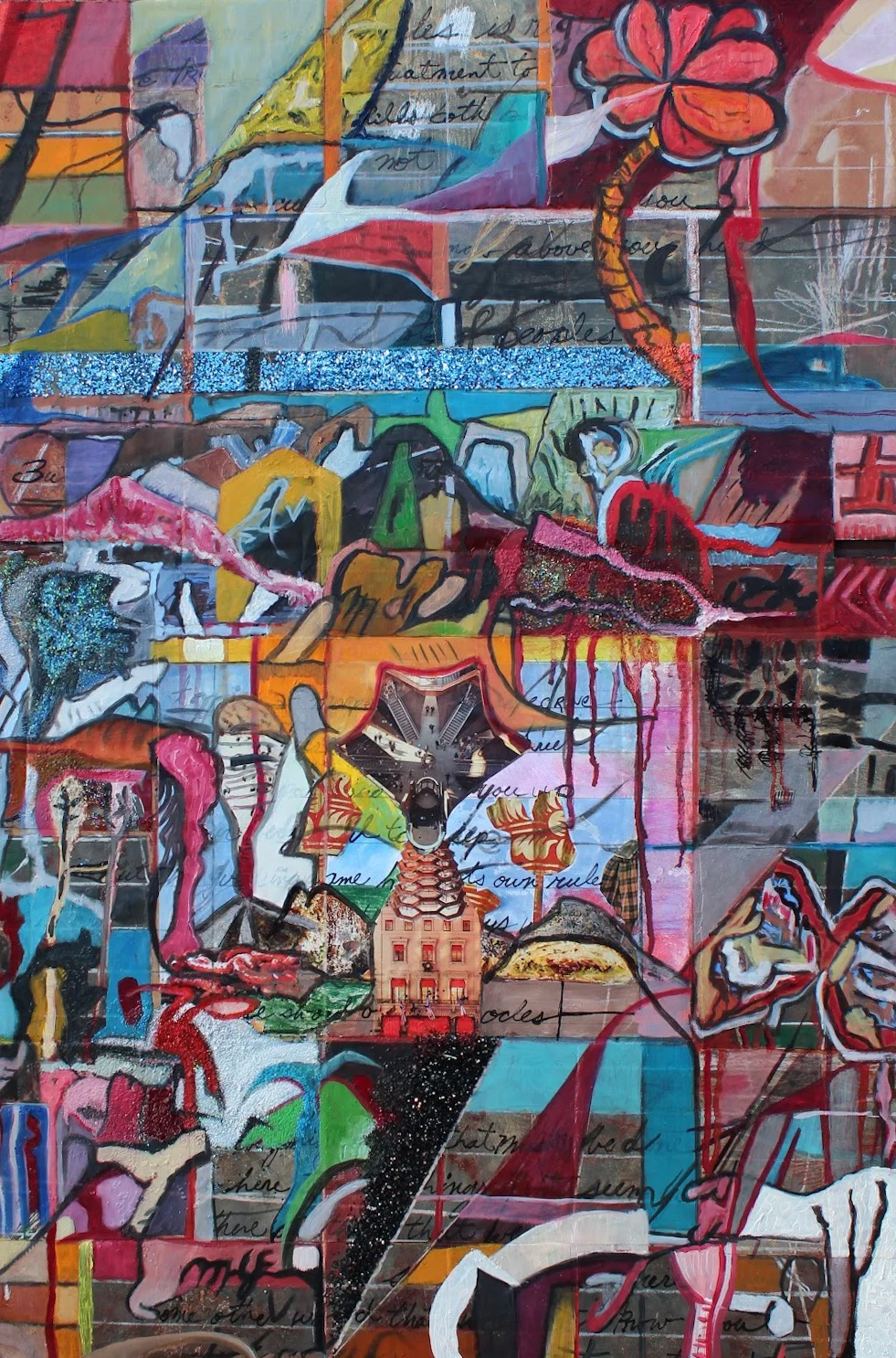   Cancer Sketch 002    July 2017 Oil Paint, Collage, Glitter on Cardboard 31” x 21-1/2” (H x W)   A quick sketch dealing with the pain I feel because of the cancer in my family. 