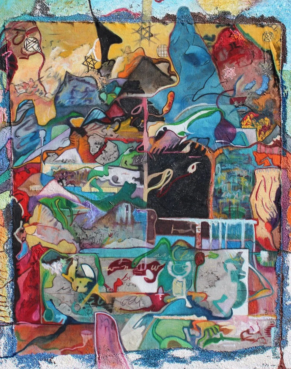 Self Portrait June 2017 Oil Paint, Collage and Glitter on Canvas over Masonite 48” x 38” (H x W) In this self-portrait I stand at the center a black back and tilted down head facing away from the viewer walking through a slice into a world behind the painted world. Looking, searching but walking away towards a place I may one day call home?