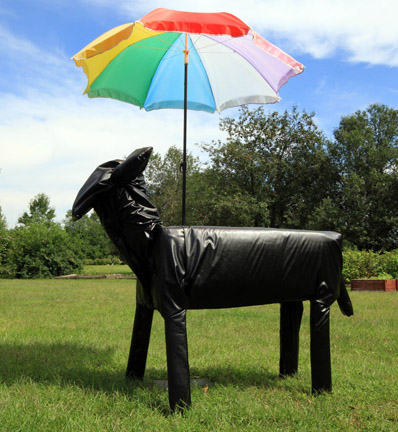 Eva Whorley/Bovine Divan Repurposed/recycled wood, metal, batting, pleather, and salvaged umbrella 7” x 3’ x 4’ Bovine Divan was created with the intent of having people interact with it. It is designed to be easily moved and sat upon to view the other art works on the farm. The umbrella is to add to the comfort of the sculpture and viewer. Bovine Divan was made of reclaimed and reused materials and designed to blend in with the herd as so many of us do.