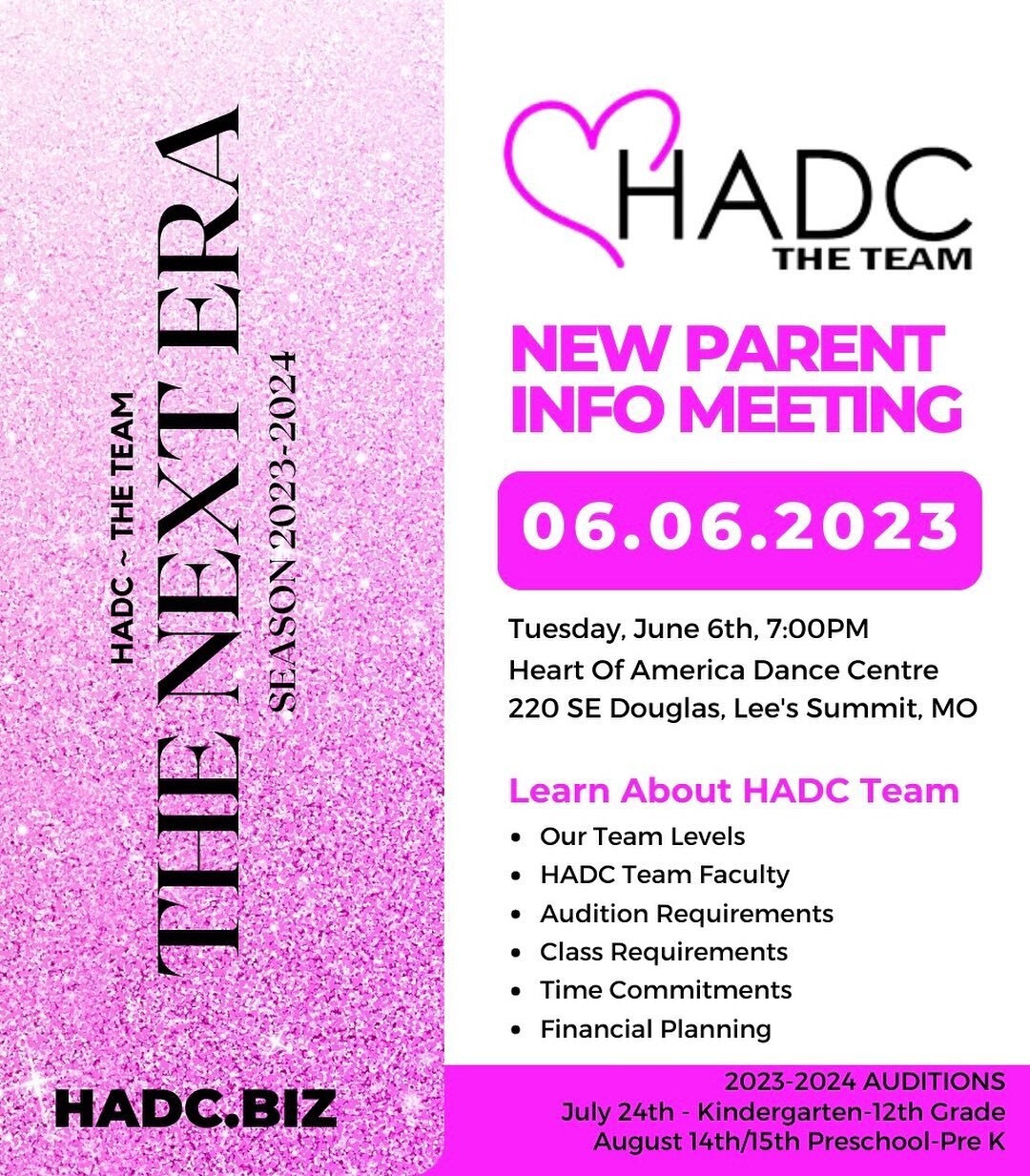 🖤Are you interested in auditioning for HADC ~ The Team next season? 

✨Join us for an informational parent meeting to learn more about our competitive programs at HADC. Tuesday, June 6th at 7pm. No commitment required! Visit hadc biz to see more inf