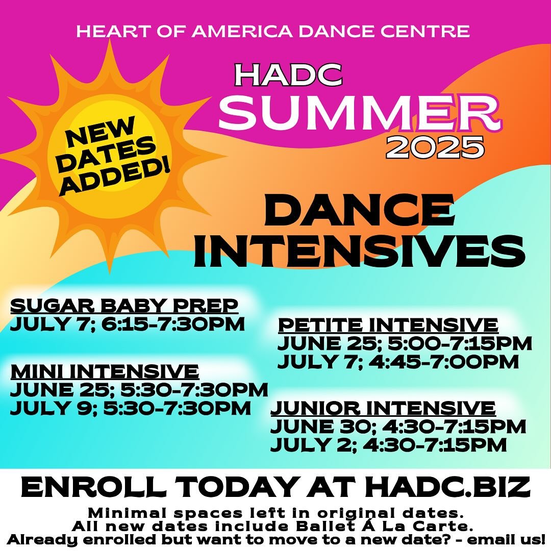 HADC Summer is Hot! ☀️👏🏻🔥 We&rsquo;ve added NEW dates to keep up with demand for our Summer Intensives! Enroll today to secure your spot. Already enrolled but want to move to a new date? - email us at hadcstudiomanager@gmail.com. All classes, camp
