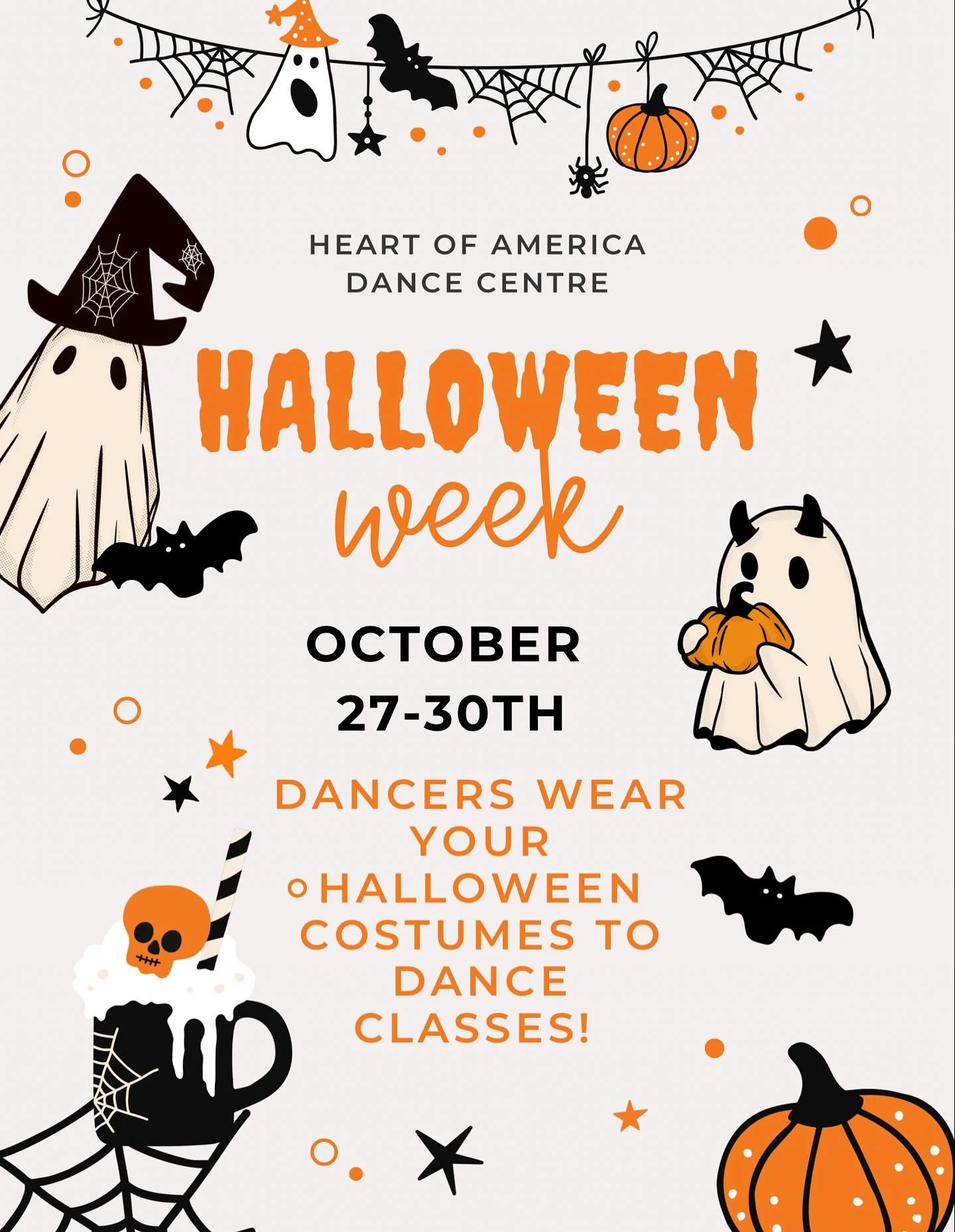 Happy Halloween Week at HADC. Dancers are welcome to wear their Halloween costumes to all classes. We ask that dancers can still participate in dancing and refrain from “scary masks” for our younger dancers. Can’t wait to celebrate