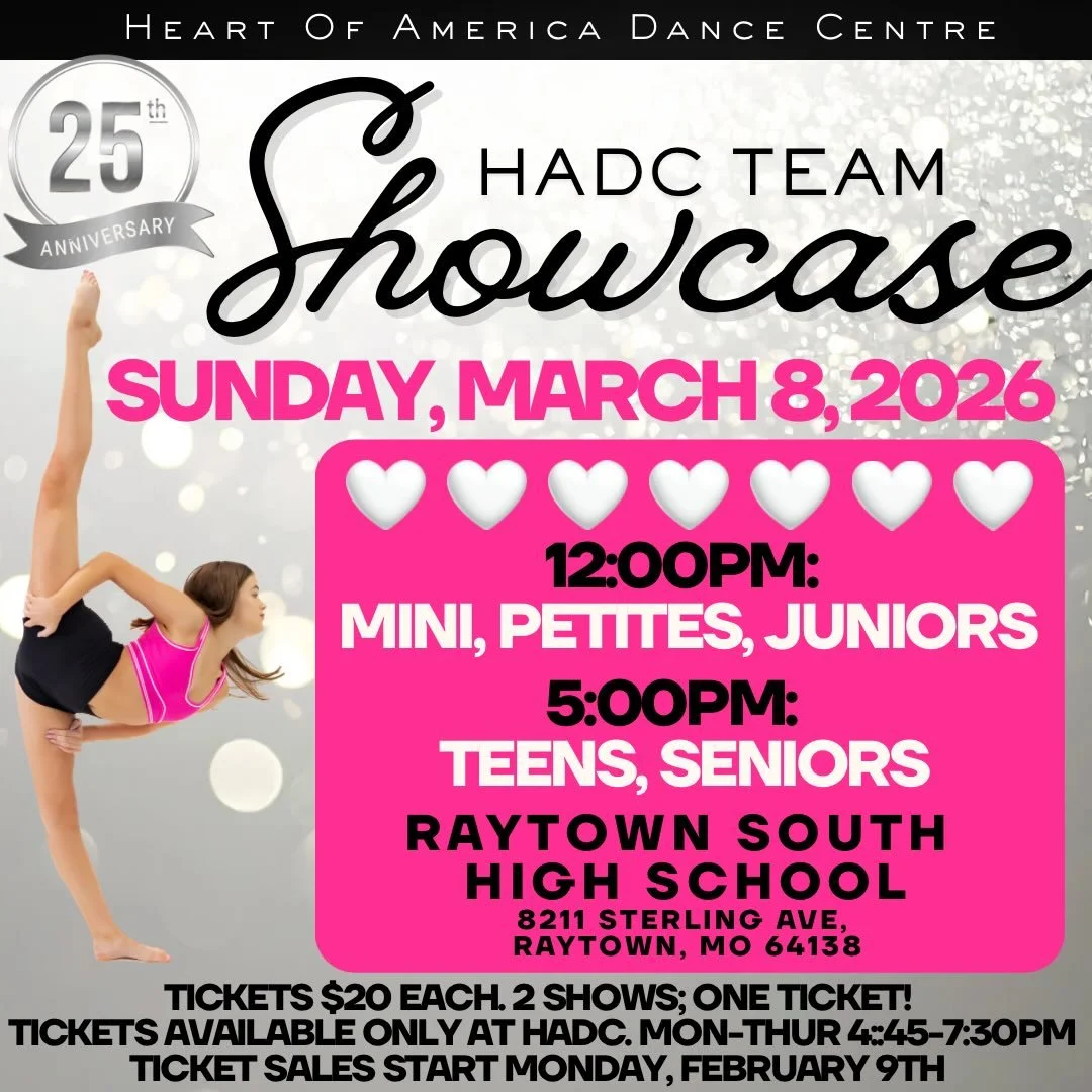 HADC ~ The Team Showcase 2026! Celebrating our 25th anniversary! 🥳🖤🩷

Join us March 8th at Raytown South High School for 2 fabulous shows debuting our 2026 competitive seasons groups, duets, and trios! 

🩷12:00pm Minis, Petites and Juniors 
🩷5:0