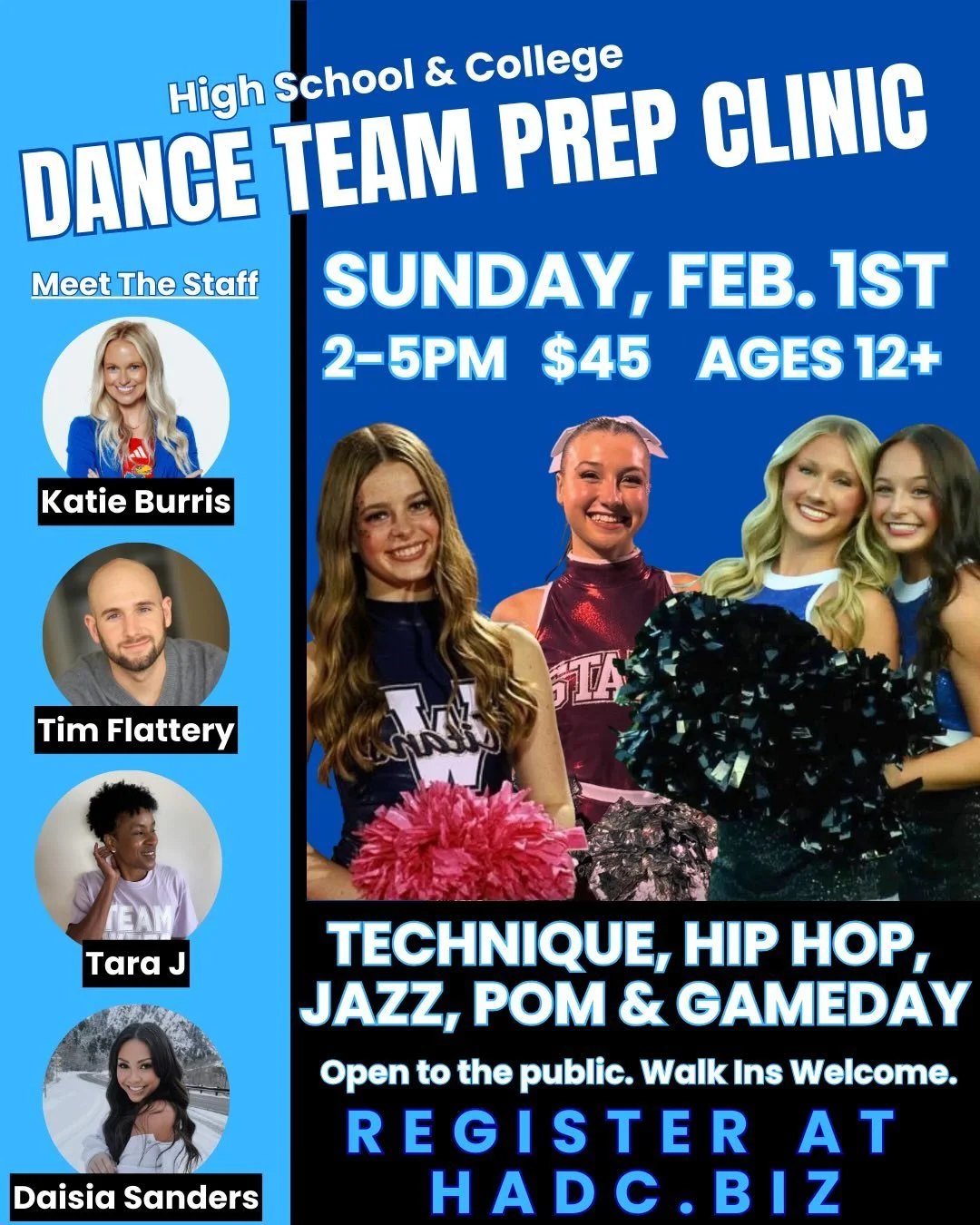 💙Dance Team Prep Clinic 2026💙
NEXT SUNDAY!! Don&rsquo;t miss it! 

Sunday, February 1st

Join us at HADC for a pop up clinic featuring skills for high school and collegiate auditions. We are welcoming Katie Burris, Tim Flattery, Tara J, and Daisia 