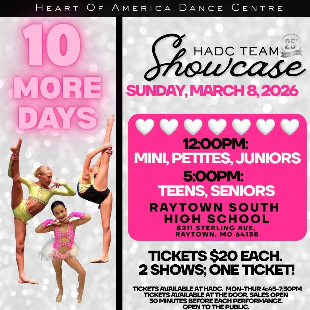 10 Days 🤩🤩🤩 Join us at our annual Showcase for HADC The Team. We can&rsquo;t wait to debut our groups and duo/trios for you! Tickets on sale at HADC or available at the door. $20 each, 2 shows; one ticket!  Dancers interested in auditioning for ou