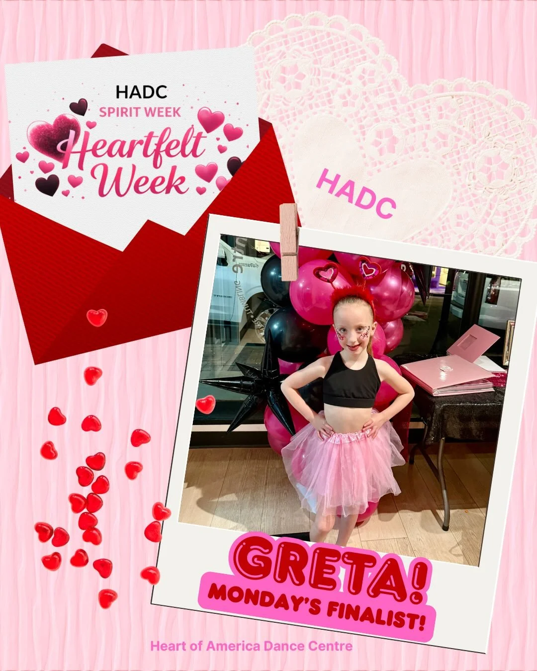 Congrats to Miss Greta our Monday finalist for HADC Heartfelt Week! We loved seeing everyone shine bright with HADC spirit. Can&rsquo;t wait for tonight! 🩷🖤🌟😍