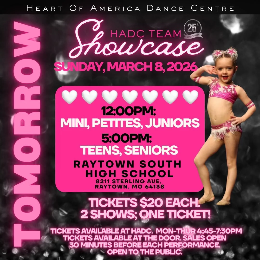 TOMORROW! HADC The Team debuts its 2026 competition season! Tickets available at the door 30 minutes prior to each show. 1 ticket, 2 amazing shows! Join us at Raytown South High School to cheer on our amazing competitive team! 🖤🩷🖤🩷🖤