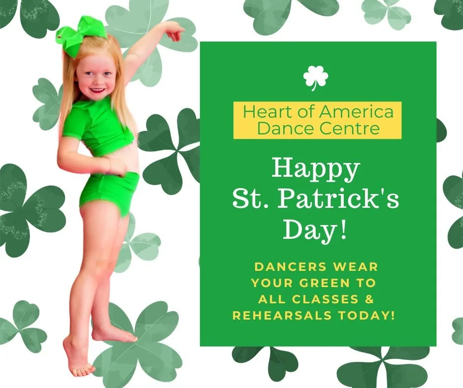 🍀💚Happy St. Patrick&rsquo;s Day💚🍀

Dancers wear your green to classes and rehearsals to celebrate!

☘️For each petal on the shamrock brings a wish your way: good health, good luck and happiness for today and every day! ☘️