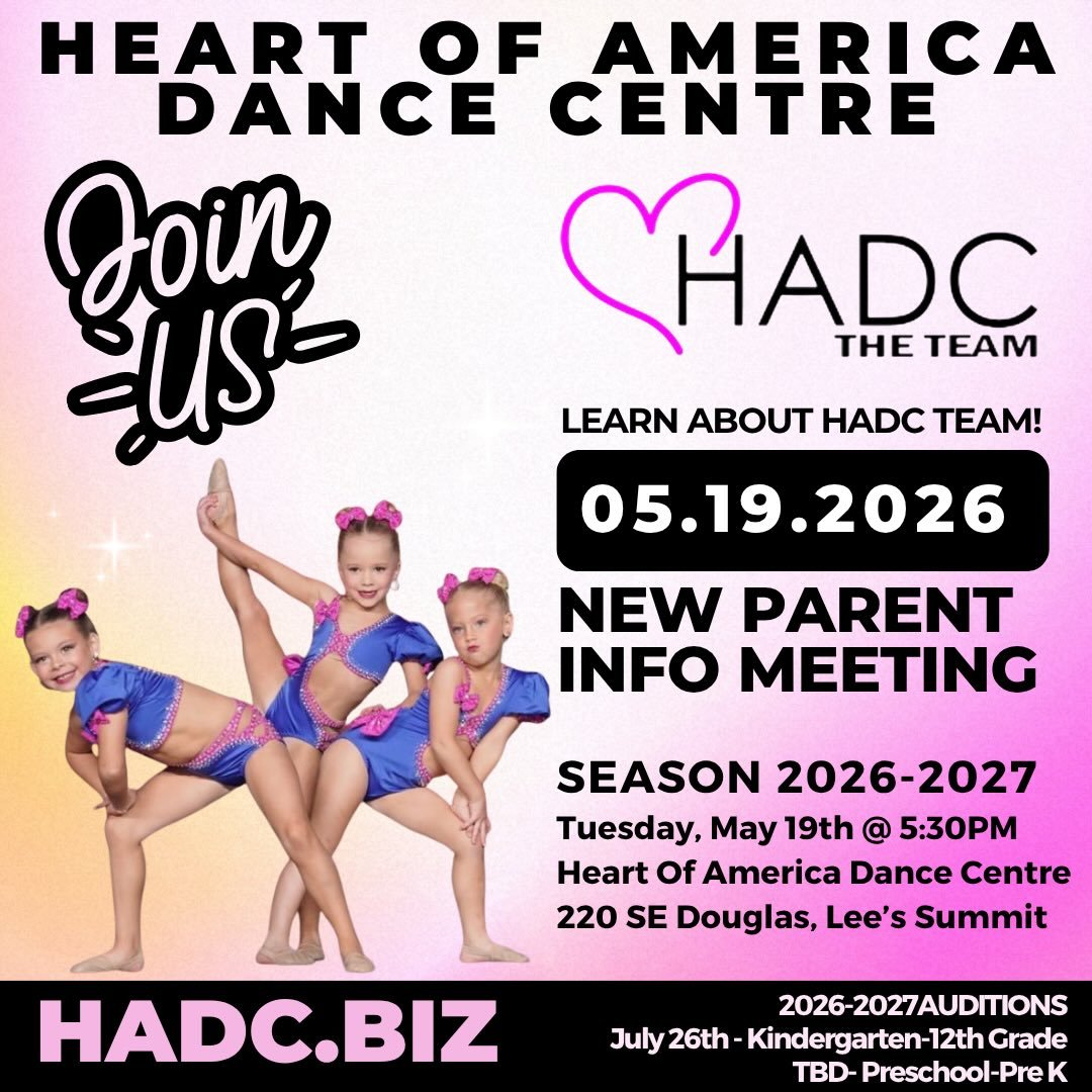 🖤🩷HADC THE TEAM🩷🖤

Are you interested in joining our award-winning competitive program? 

Join us Tuesday, May 13 from 5:30 to 6:30 PM at HADC for an informative new parent meeting. We will discuss our team program and our audition process as wel