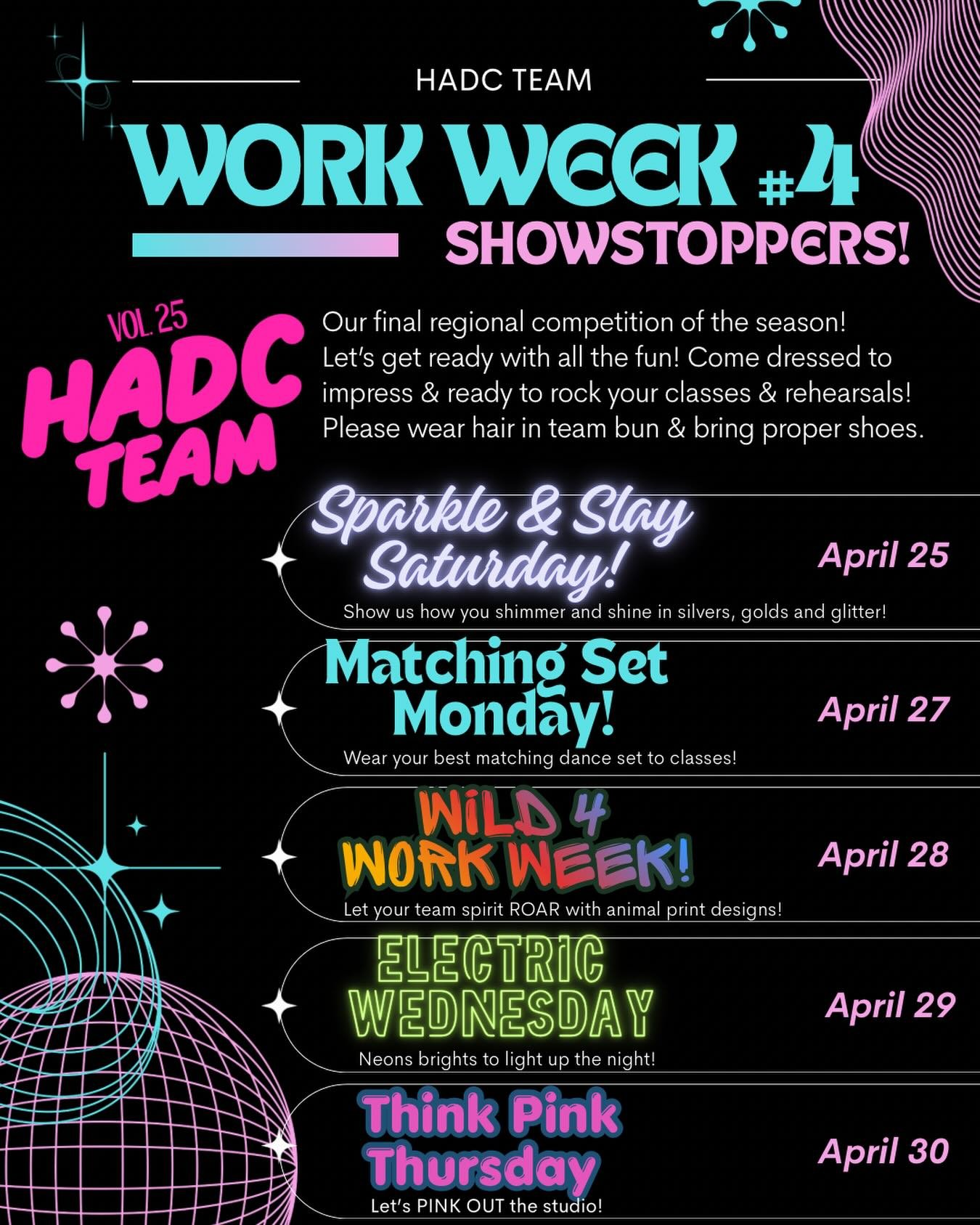 HADC TEAM - our final regional competition of the season is next weekend! Let&rsquo;s prep with some extra fun!  We can&rsquo;t wait to attend Showstoppers dance competition! @showstopperscompetition 🩷🖤