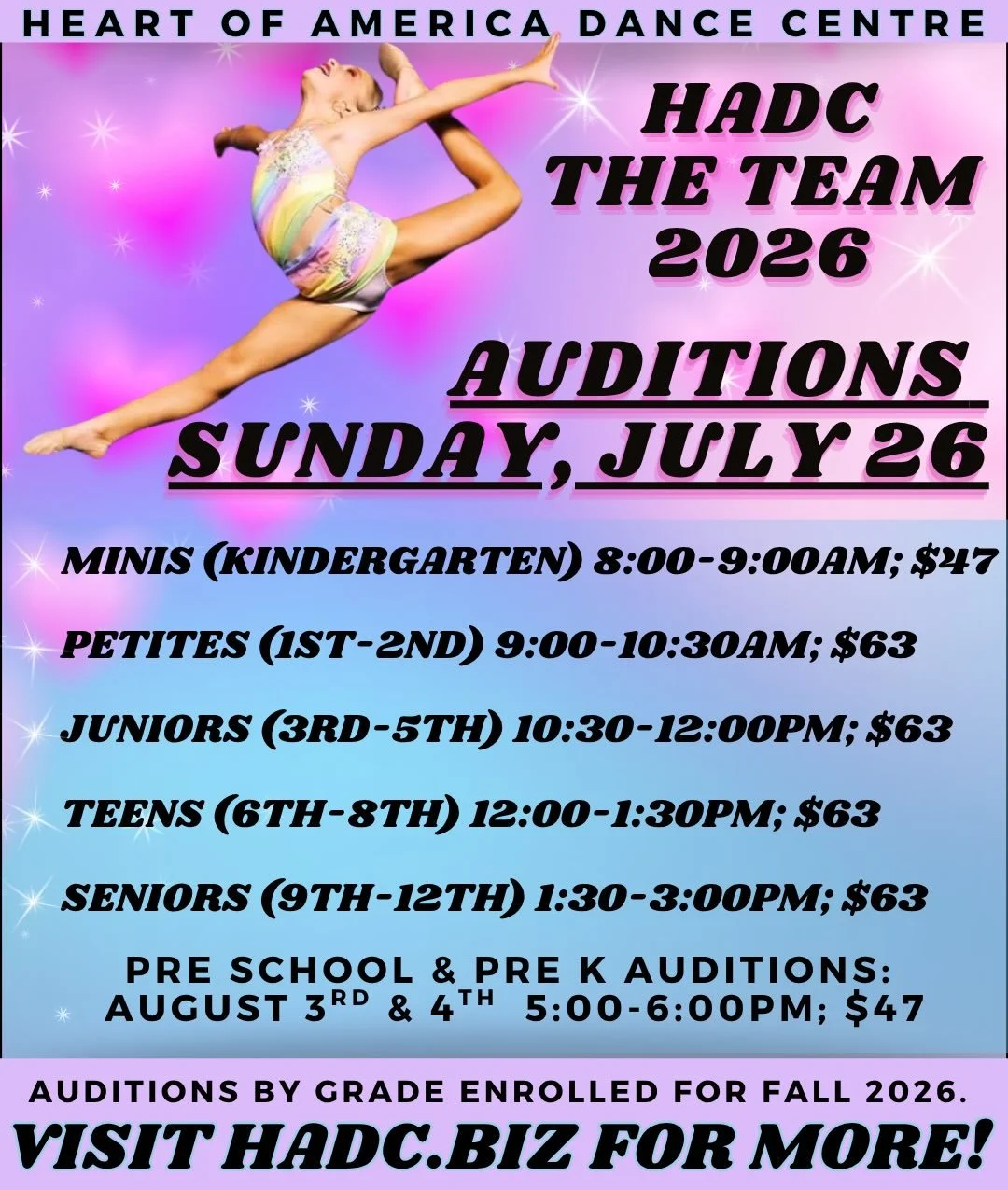 HADC TEAM AUDITIONS 2026-2027
Pre School-12th Grade 

💥July 26th: Grades K-12
💥August 3rd &amp; 4th: Pre School- Pre K

✅ Please visit HADC.BIZ for additional information.

☀️Summer classes required:
🖤K-12: 3 Summer intensives 
🩷Preschool-Pre K: 
