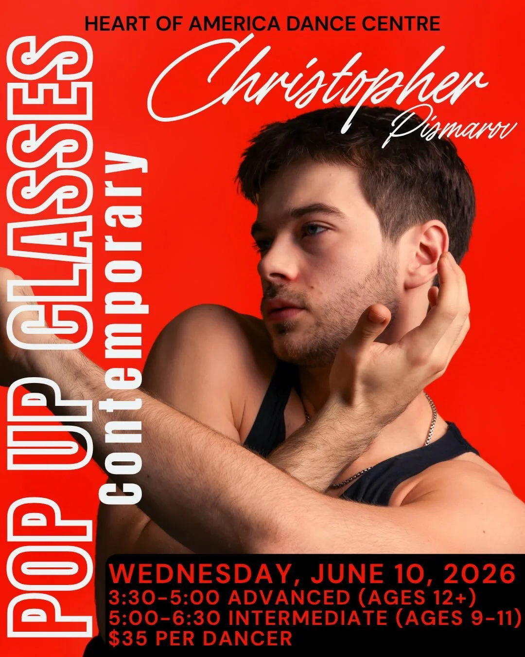 HADC is pleased to welcome Christopher Pismarov as our first POP UP of summer 2026. Join him for a contemporary class on Wednesday, June 10th. 

Wednesday, June 10th 
Contemporary
3:30-5:00 Advanced Level (ages 12+) 
5:00-6:30 Intermediate Level (age
