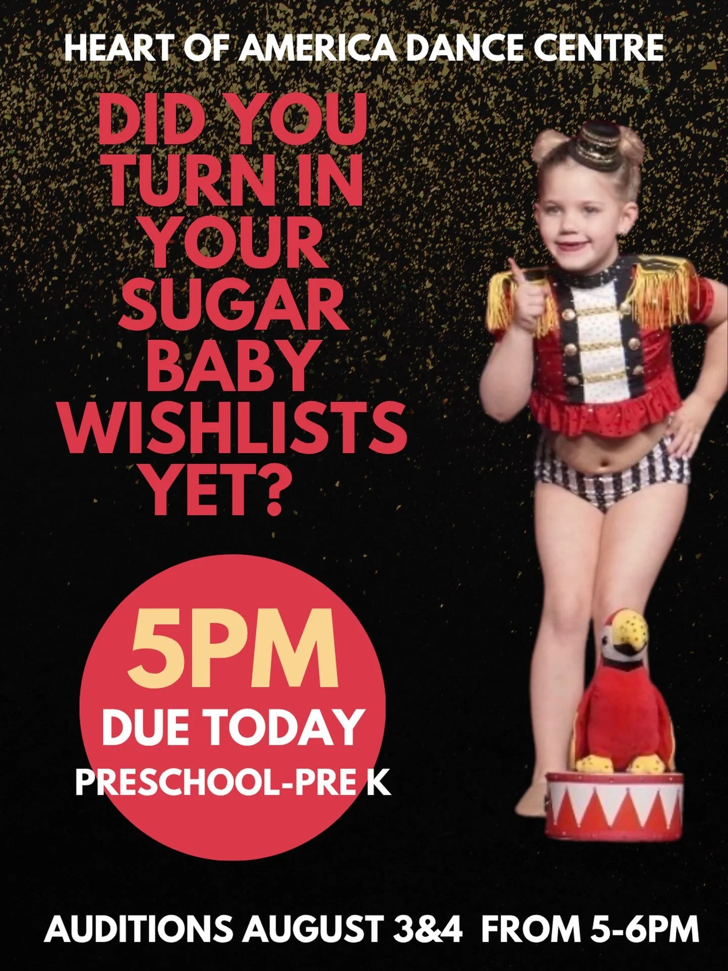 HADC TEAM - Sugar Babies! 

Did you turn in your sugar baby wishlists yet! Due today at 5pm. Forms found online at hadc.biz

We can&rsquo;t wait to see you at auditions Monday and Tuesday, August 3-4 from 5-6pm