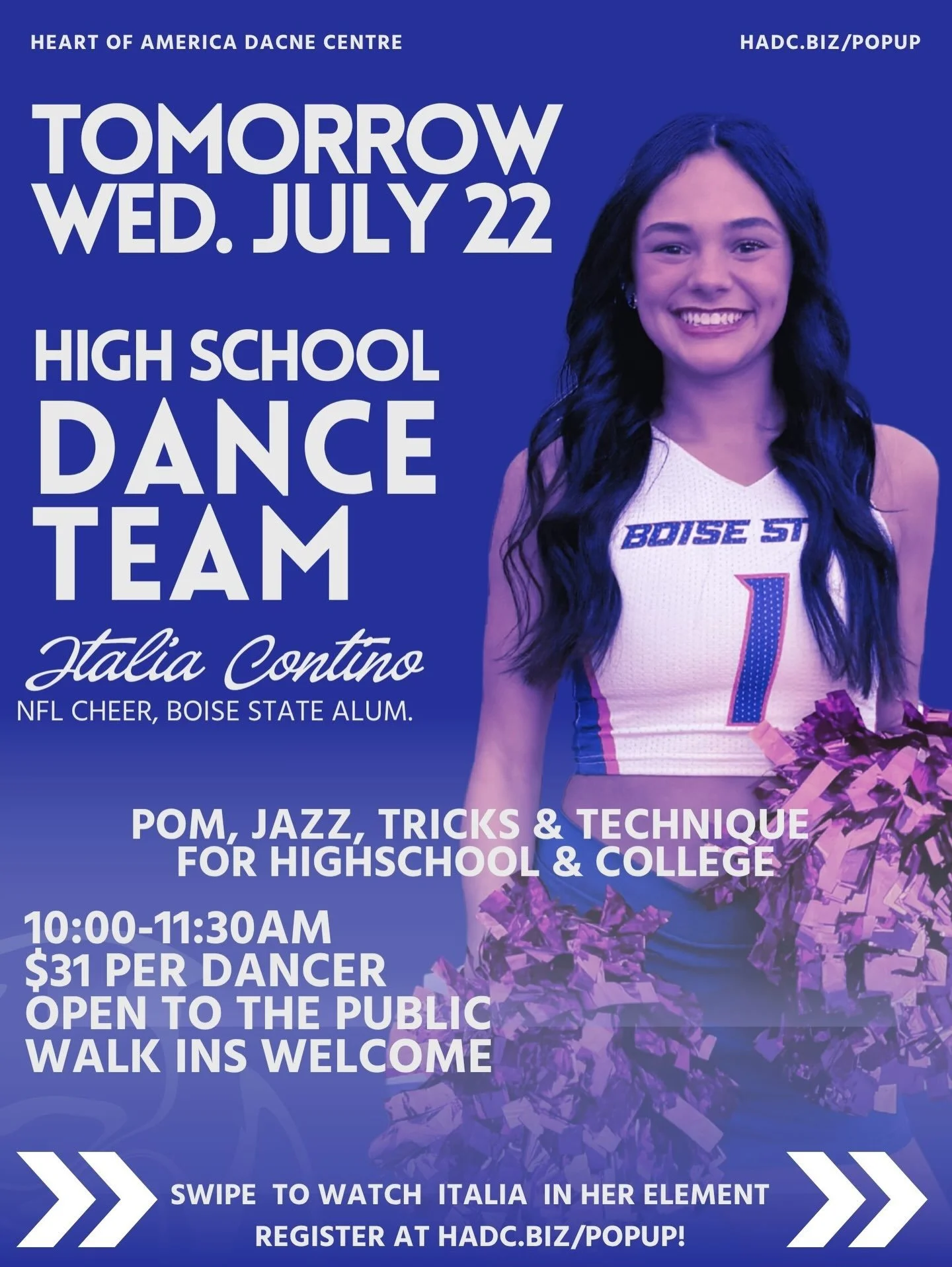 Tomorrow!!!

📣 Calling All High School Dancers!
Grades 8&ndash;12
Join us for an exciting&nbsp;High School Dance Team Pop-Up Clinic!&nbsp;This exclusive clinic is designed for dancers looking to strengthen the skills and technique required for high 