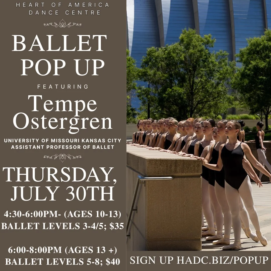 Ballet Pop-Up with Tempe Ostergren!&nbsp;
HADC is excited to welcome&nbsp;Tempe Ostergren, UMKC Assistant Professor of Ballet, for a special Ballet Pop-Up this summer!

Thursday, July 30

TWO LEVELS
 4:30&ndash;6:00 PM
Ages 10&ndash;13 or&nbsp;HADC B