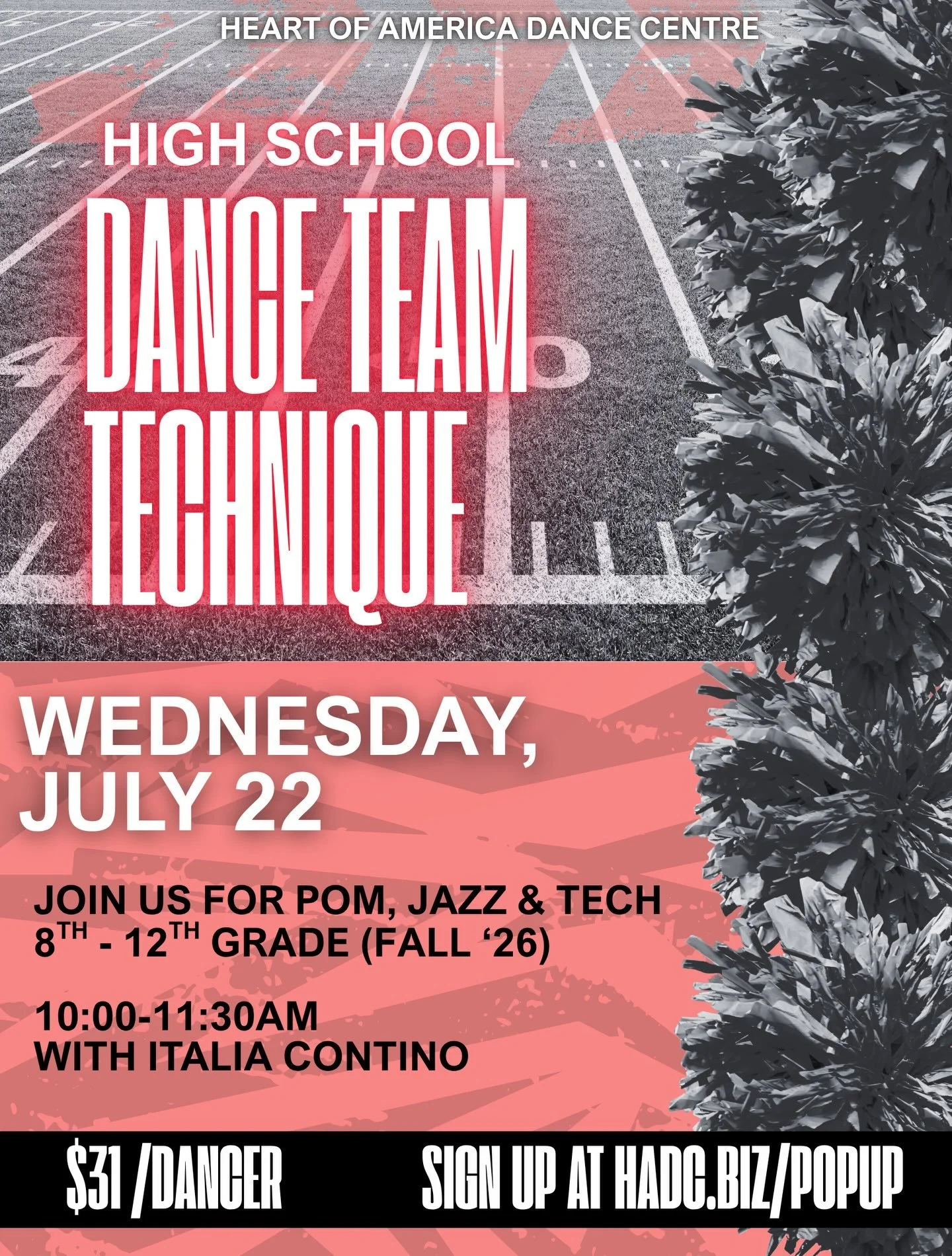 📣 Calling All High School Dancers!
Grades 8&ndash;12
Join us for an exciting&nbsp;High School Dance Team Pop-Up Clinic!&nbsp;This exclusive clinic is designed for dancers looking to strengthen the skills and technique required for high school dance 