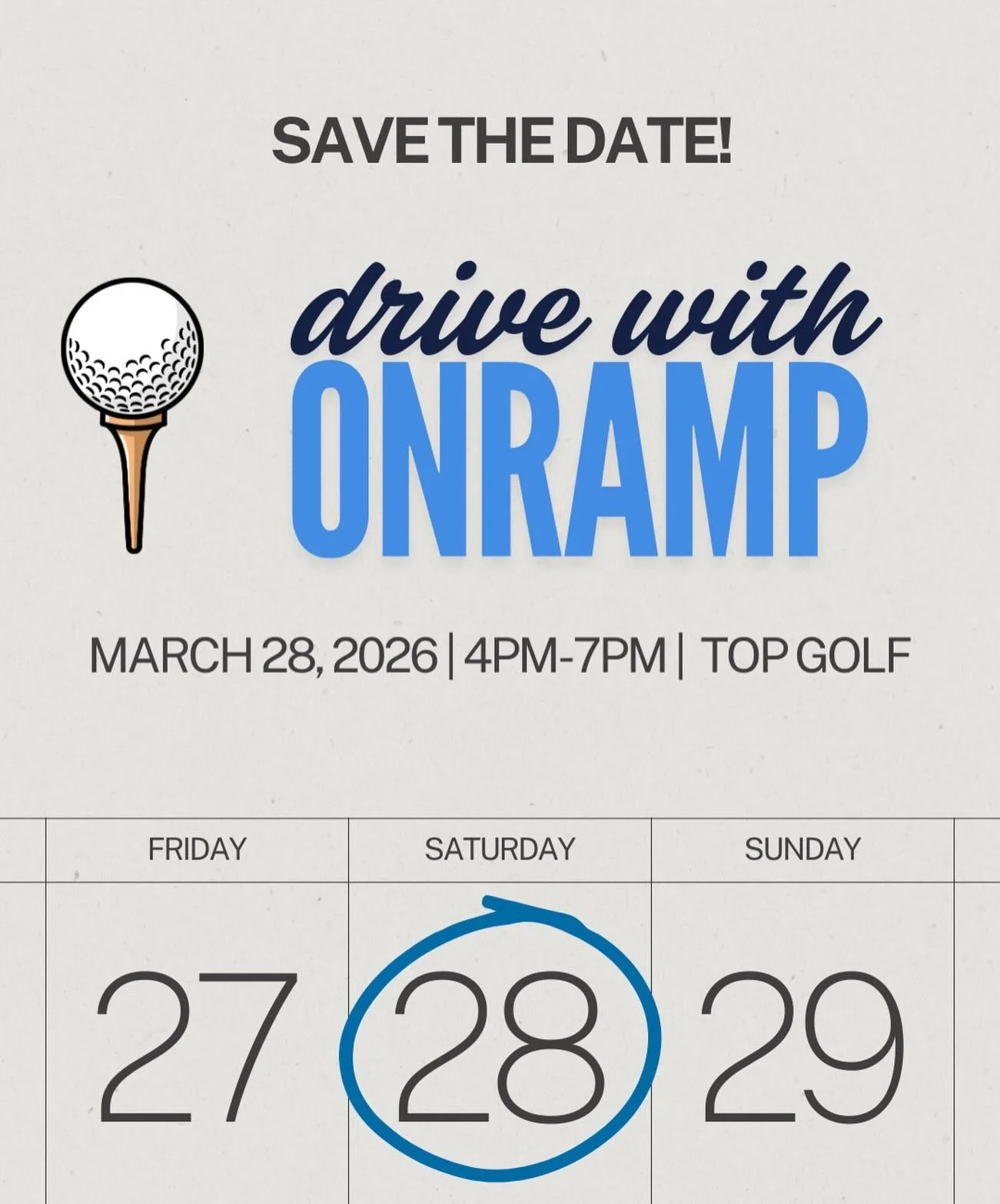Save the Date! 🚗✨

Mark your calendars for March 28, 2026, from 4-7 PM at Topgolf in Bryan!

Join us for Drive with OnRamp - an evening of fellowship, fun, and purpose as we come together to support hard-working families on their journey to self-suf