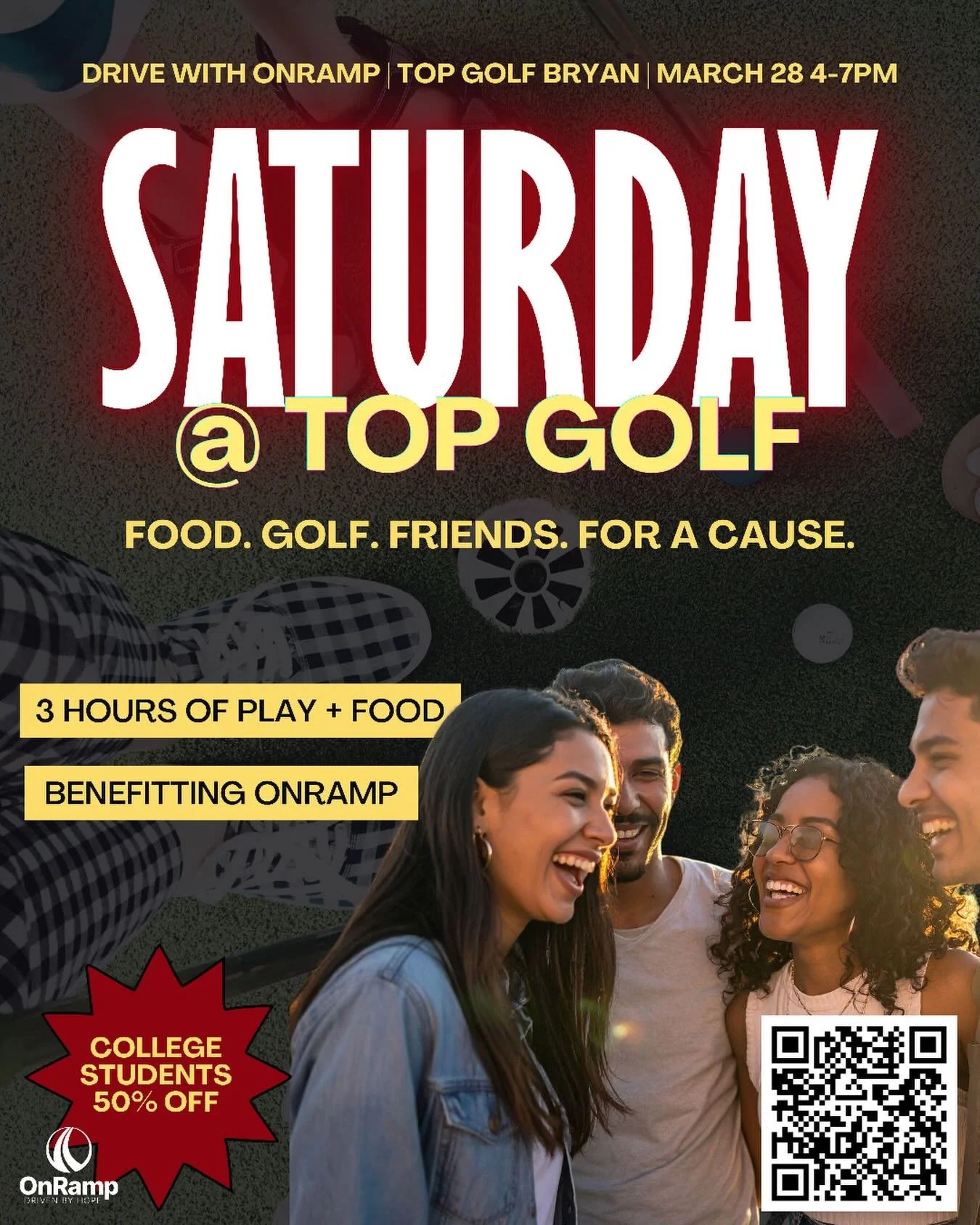 Looking for something to do this weekend? Join us THIS Saturday for Drive with OnRamp at Topgolf Bryan ⛳️

🗓 March 28 | 4&ndash;7 PM

For just $50 per person, you get:
✨ 3 hours of Topgolf play
✨ Free dinner
✨ Full access to the entire venue (includ