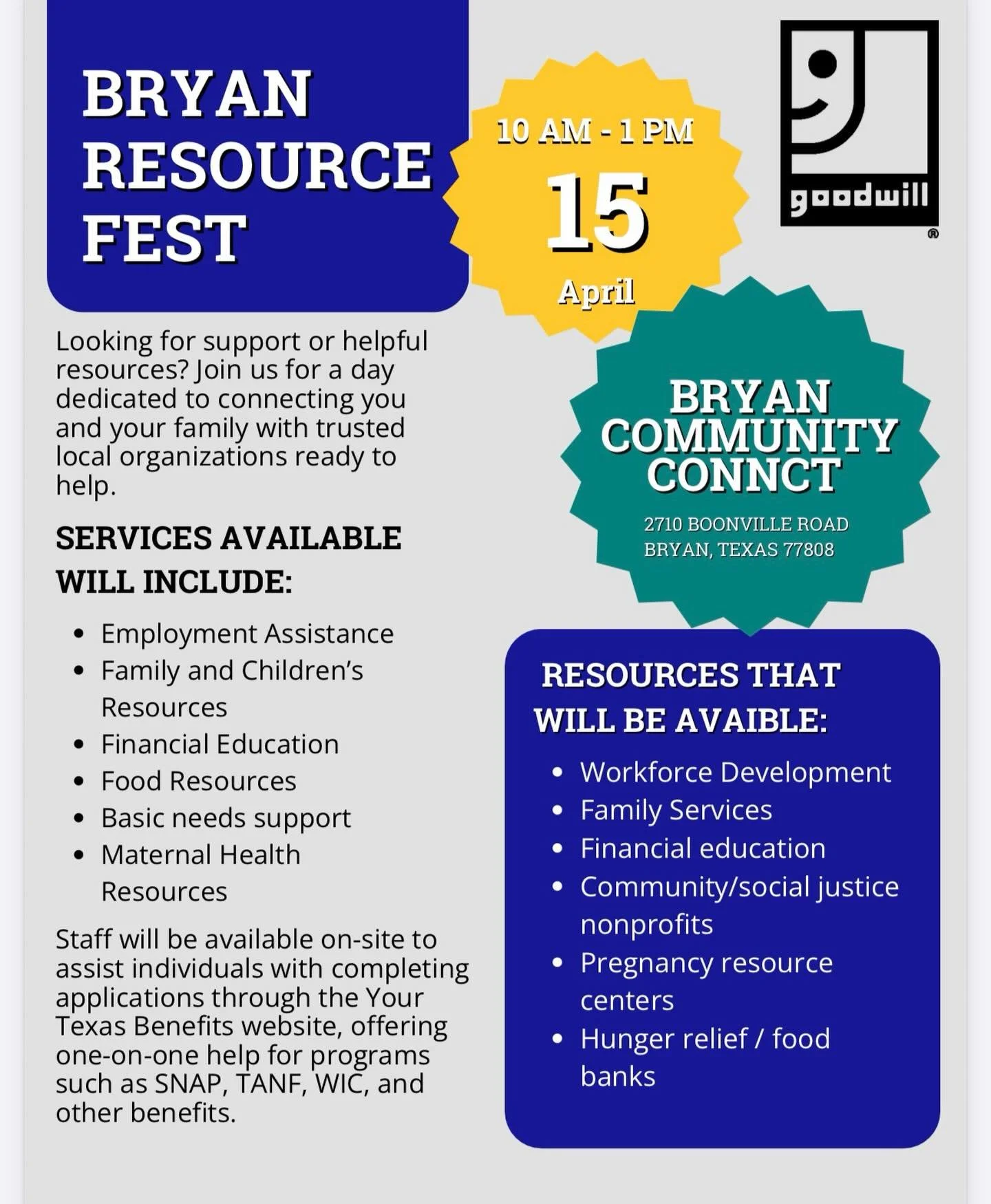 Join us for the Bryan Resource Fest! 💙

A day dedicated to connecting you and your family with helpful, trusted community resources. From job support and financial education, to food assistance and family services.

Come get the support you deserve!