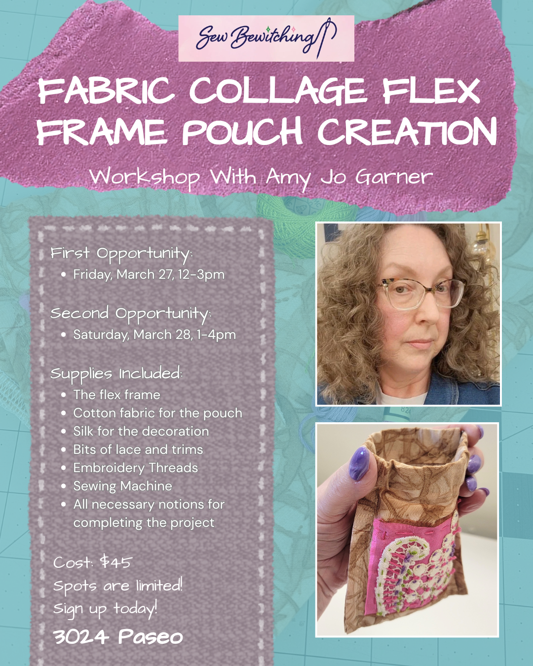 Fabric Collage Flex Frame Pouch Workshop w/ Sew Bewitching
