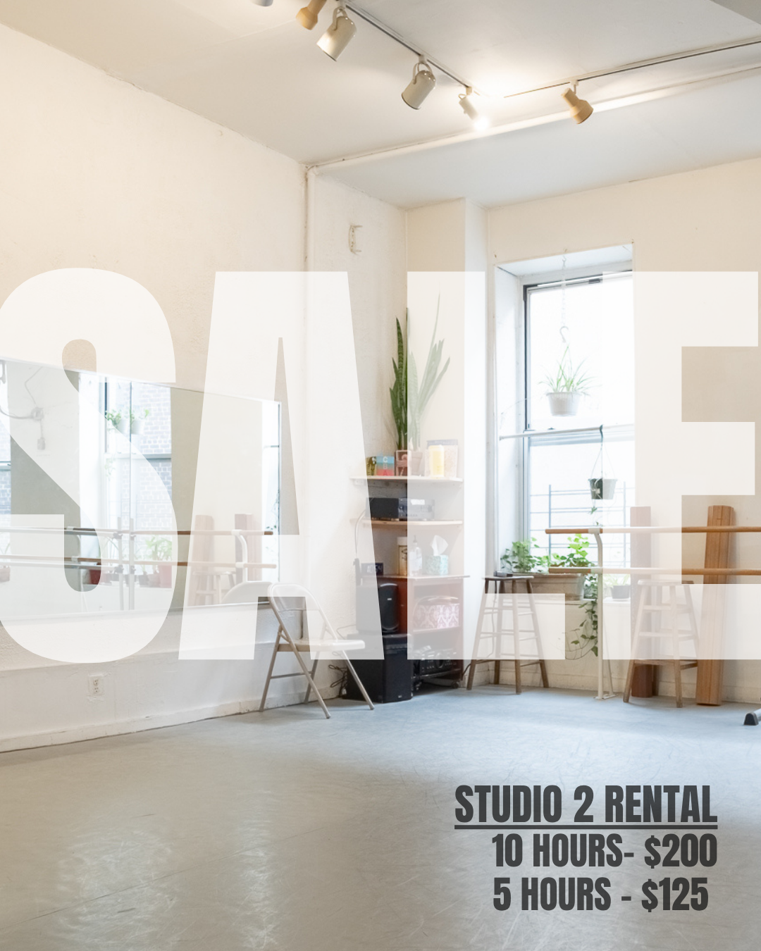 Inside a bright studio apartment with white walls and large windows, decorated with potted plants and some furniture, with text overlay advertising studio space rental prices.