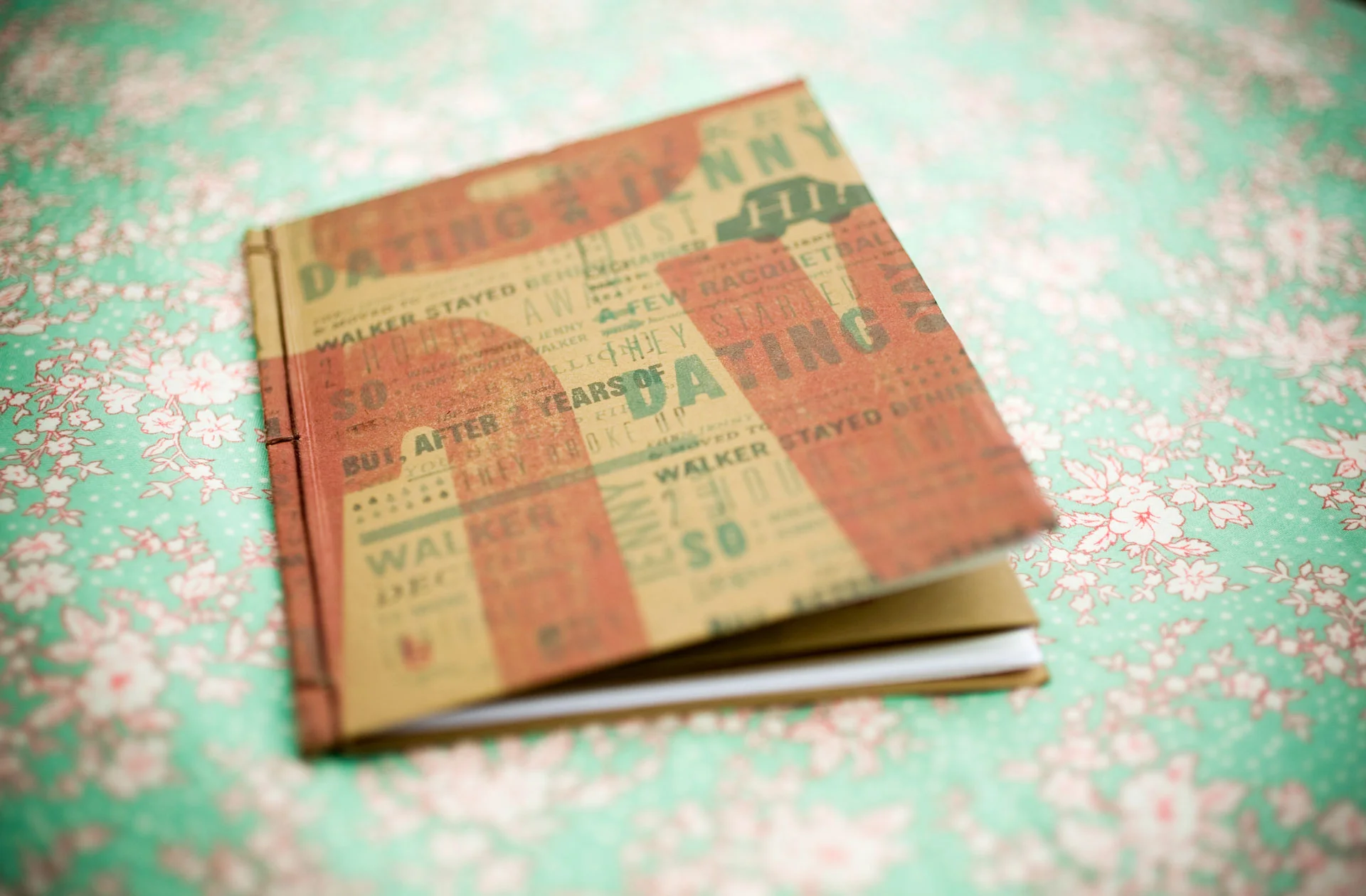 Inspired by wood-block stamps and all things DIY, these hand-sewn invitations tell the story of how my husband and I met with a fold-out insert. The delicate handmade floral hair piece and boutonnières exemplify the attention to detail and complement the delicate handmade invitations. 
