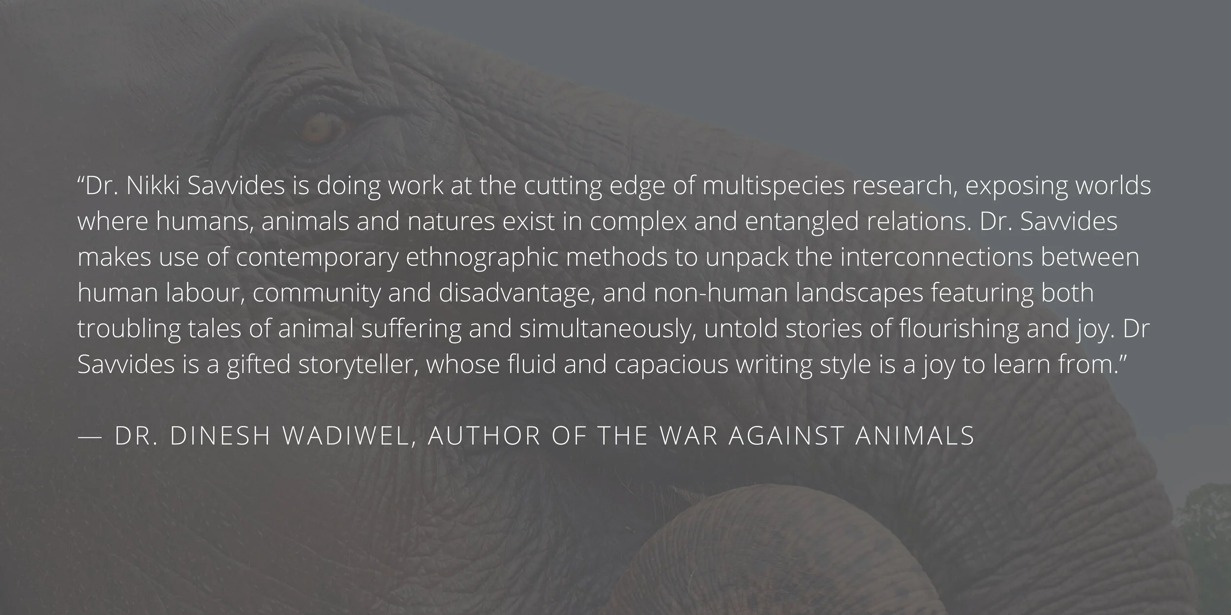 Dr. Dinesh Wadiwel Author of The War Against Animals “Dr. Nikki Savvides is doing work at the cutting edge of multispecies research, exposing worlds where humans, animals and natures exist in complex and entangled re.jpg