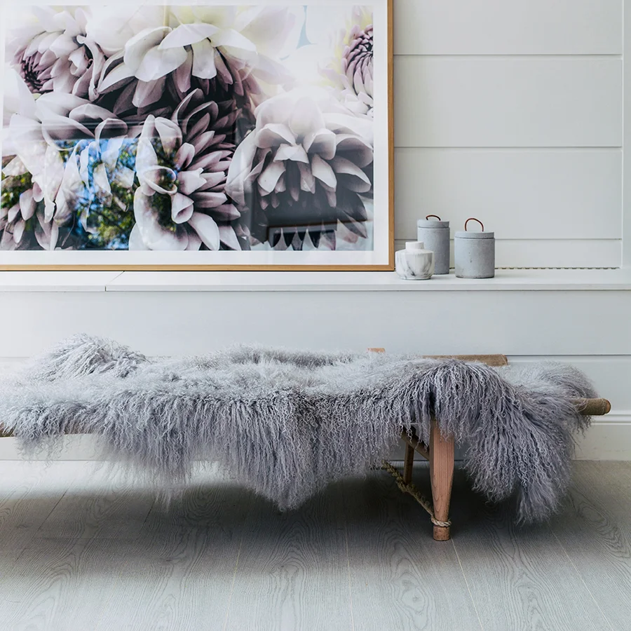 Mongolian Sheepskin Throw Rug - Light Grey