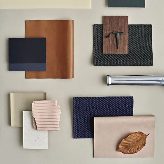 Muuto colour and texture study featuring Refine 'Silk' leather and Kvadrat Twill.