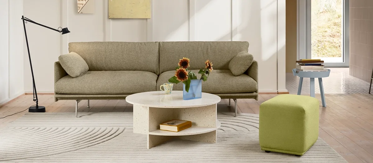 Image of the Muuto Outline Soft sofa with Halves coffee table.