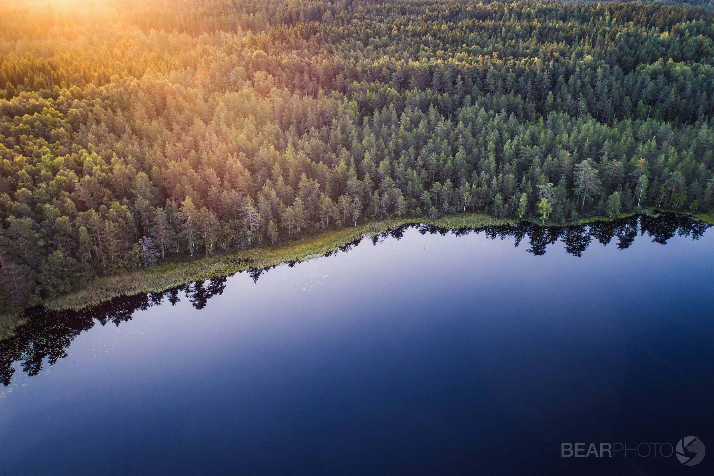 One of Finland’s 188,000 pristine freshwater lakes in midsummer, from above.