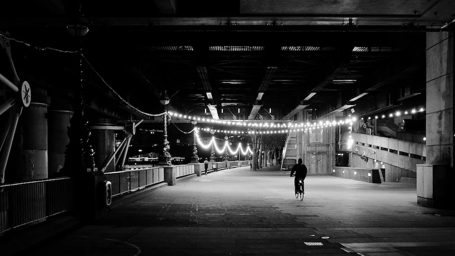 Fuji X70 - Cyclist, Hungerford Bridge, London