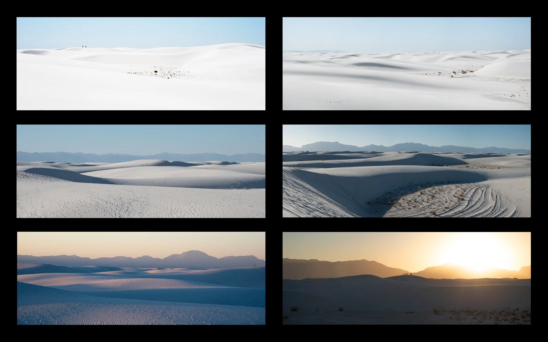 White Sands - in a different light - Rozalia Szatanik
In this panel I aimed to show how changing lighting conditions can affect a landscape and transform it completely in a space of just a few hours. Here, starting at midday and finishing at sunset, 