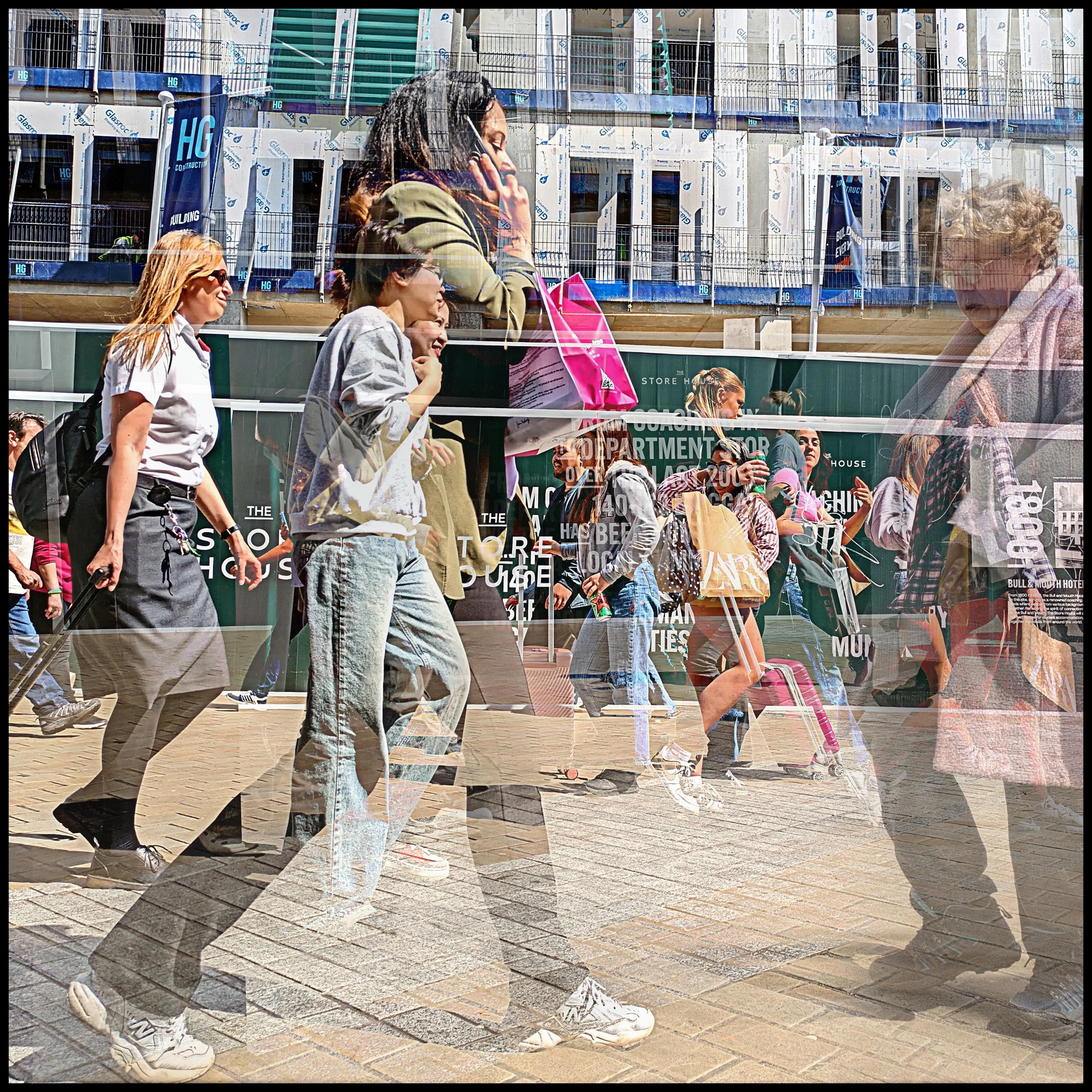 Len Downes - City Life - Briggate, I took 100 shots using my mobile phone. A number were chosen and blended in Photoshop to evoke the chaos and unconnected movement of many shoppers.  Google Pixel 7a, 1/1700 typical, f1.89, ISO 39, 25mm equivalent.