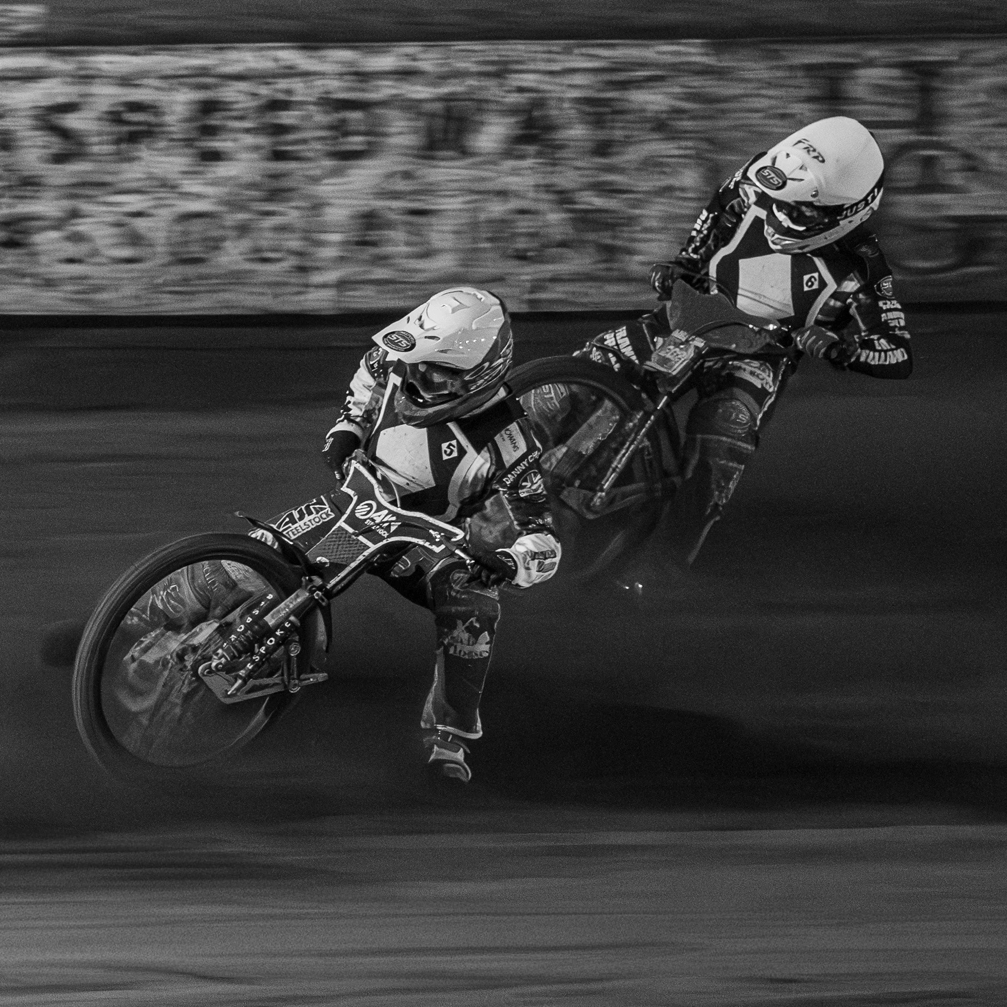 Alistair How  - Neck and Neck - Nikon Z8, Nikon 70-200 f2.8, 200mm, 1/200, f2.8, ISO 3200. Dark hours shot of speedway race