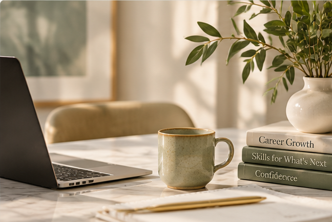 A sunlit career-planning workspace with a laptop, notebook, books, and greenery.
