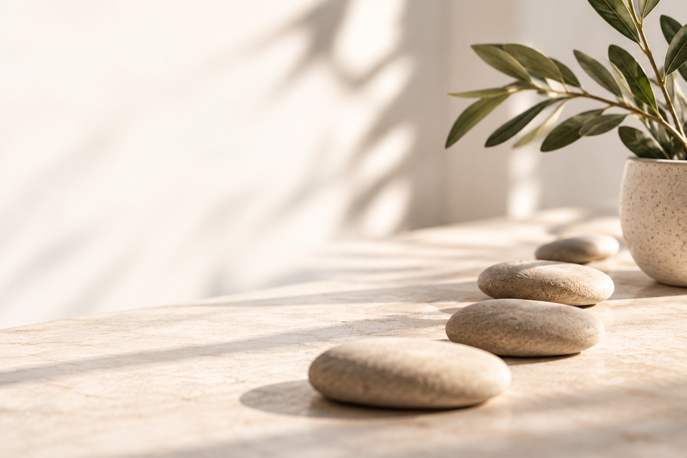 Smooth stones forming small steps beside olive greenery in warm sunlight.