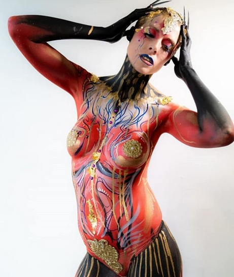 The beautfiul isabela strikes a pose in her fashion inspired 2 hour speed bodypaint, created by Victoria Gugenheim. Photo: David Addis