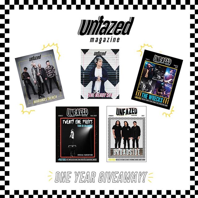 ⚡ GIVEAWAY TIME!!! ⚡
--
To celebrate the one year anniversary of Unfazed, we're holding another giveaway!
--
The winner will receive a FREE physical copy OF THEIR CHOICE! (Choice of Marianas Trench issue, The Ready Set issue, The Wrecks issue, Twenty