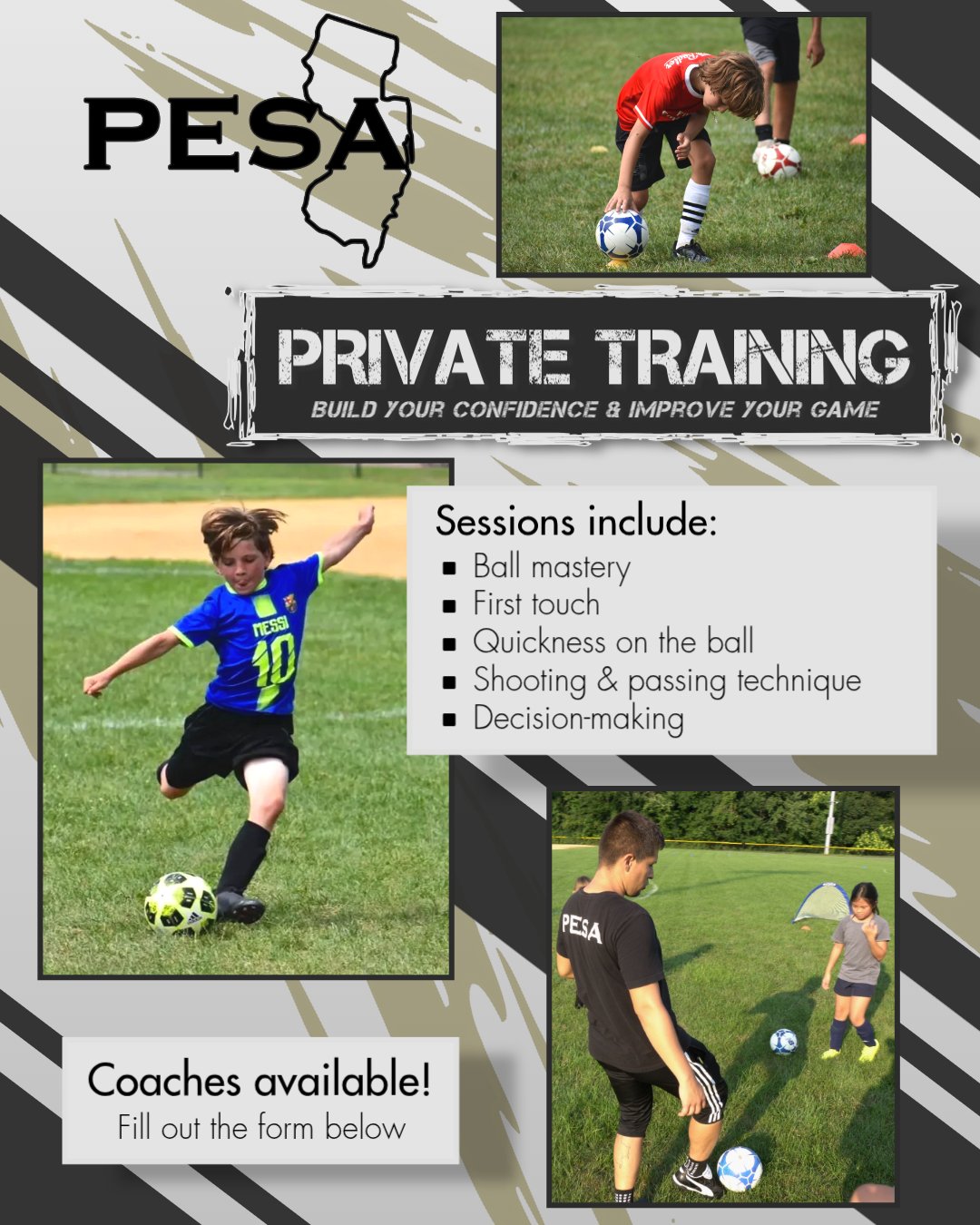 PESA offering private training to soccer players in the Morris County, New Jersey region. Players striking the soccer ball and learning from their trainers to build their confidence and improve their game