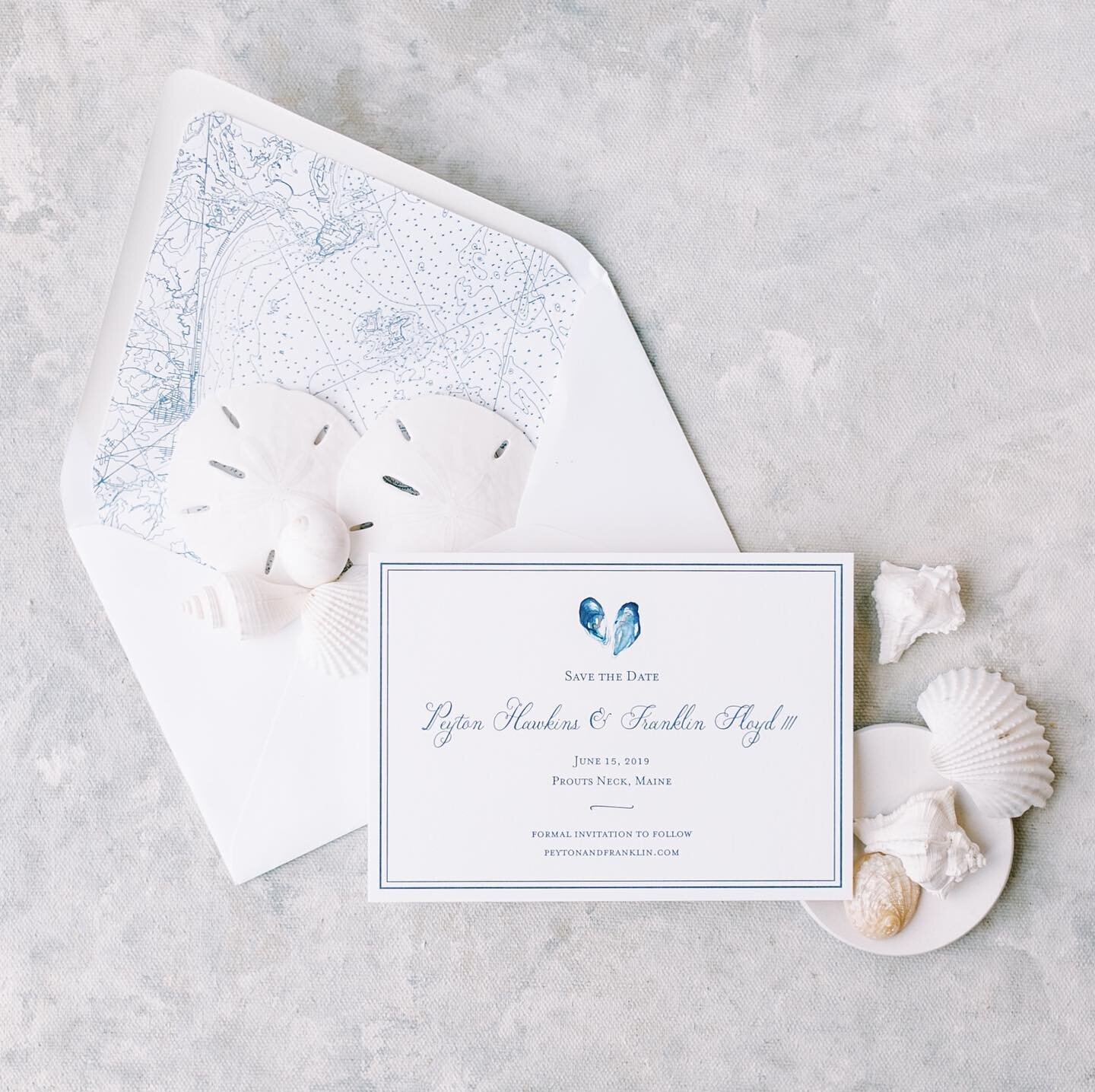 What is a Maine wedding without some mussels? We created these coupled mussels for Peyton &amp; Franklin's letterpress Save the Date. The mussels set the tone for this elevated northeastern wedding weekend. ⁠
⁠
Swipe to see how mussels made their way