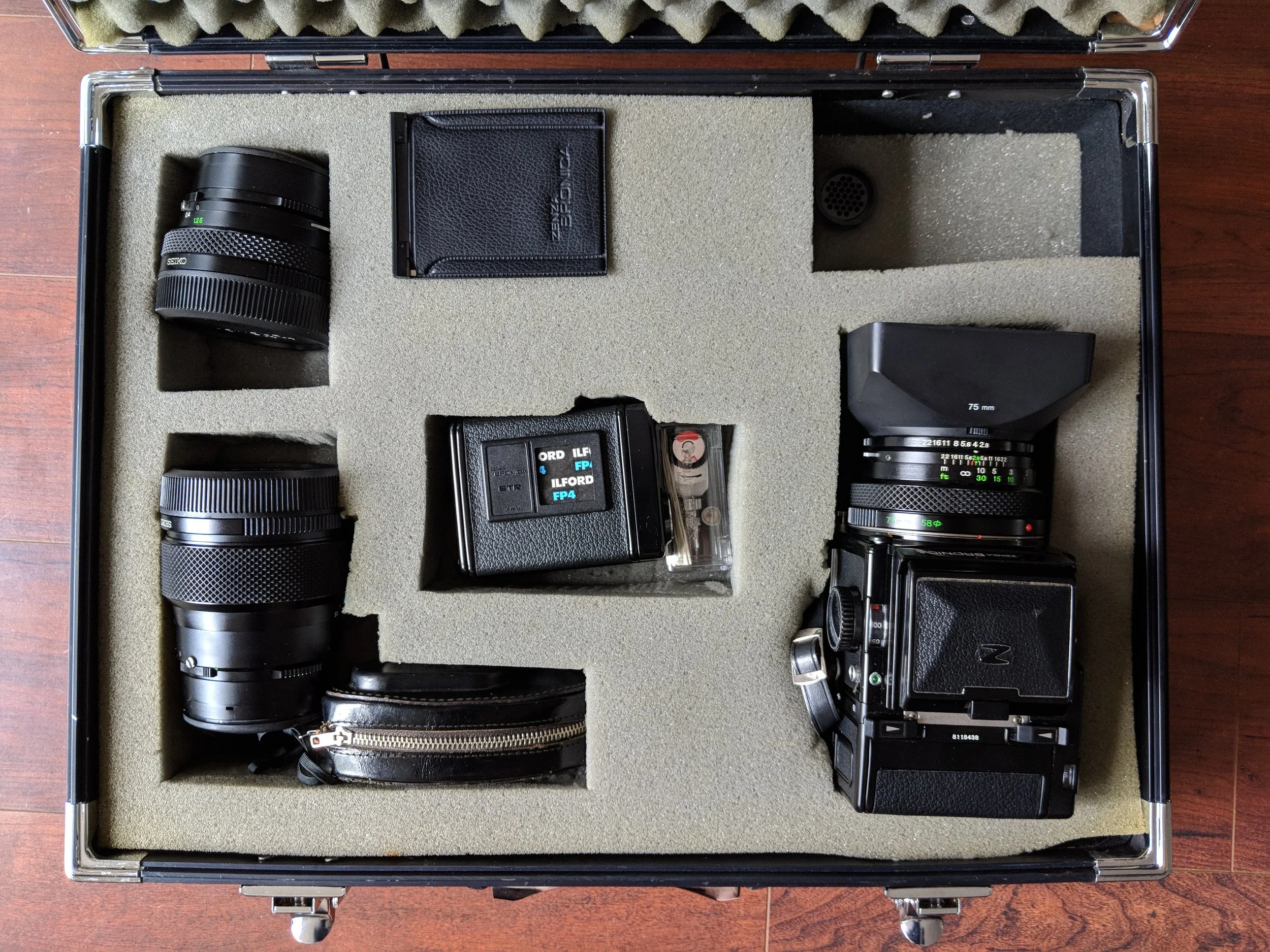 Zenza Bronica with 2 backs, 40mm, 75mm, and 150mm lenses