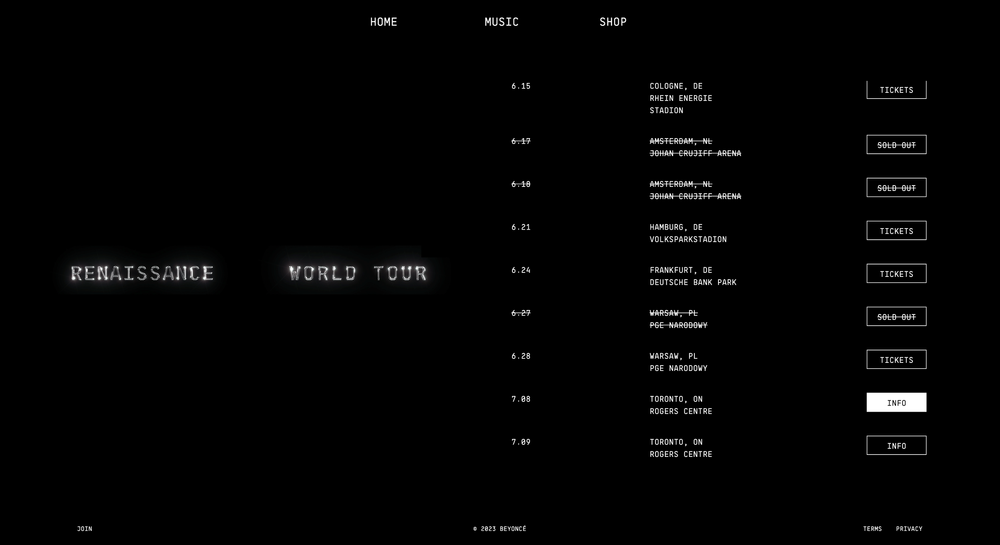 Renaissance World Tour Ticketing Website