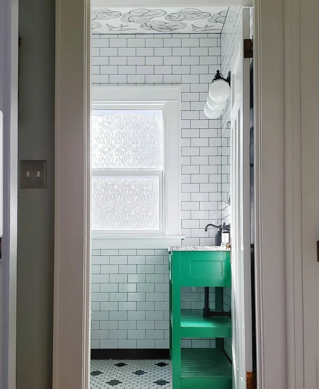 Seattle Bathroom Remodel - Designed with classic elements like floor to ceiling subway tile, the wallpapered ceiling and pop of color on the custom vanity keep things fresh. A custom 5’ medicine cabinet provide power and storage for items like an electric toothbrush. Status - Complete; pro photos coming soon Completion - Early 2019